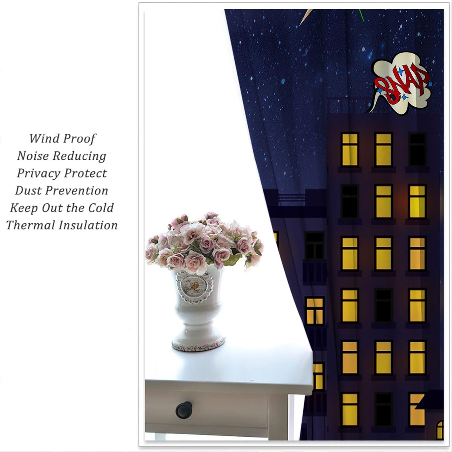 Super Hero Rod Pocket Blackout Curtains for Boy Girl Bedroom, Exploding City Starry Cartoon Skyline Home Energy Efficient Light Filtering Window Curtain for Living Room, 42x63 inch