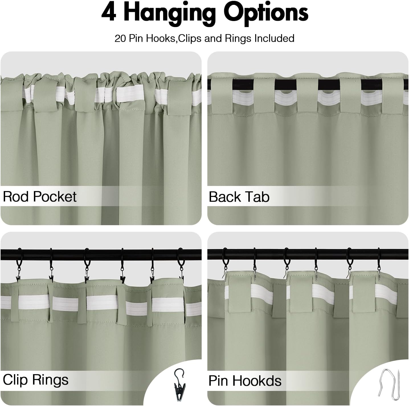 ANRODUO Sage Green Room Darkening Curtains 96 Inch Long Thermal Insulated Black Out Drapes with Hooks, Rings, Clips Light Blocking Soundproof Soft Curtains for Bedroom Panels