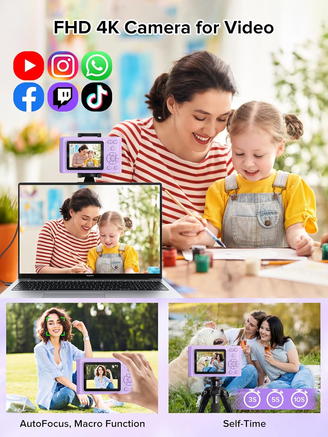 Digital Camera, 44MP Full HD 1080P Point and Shoot Camera with 64GB Card, Anti Shake 16X Zoom Compact Volg Cameras, Portable Small Digicam Gift for Kids, Ages Teen Girl Boy - Purple