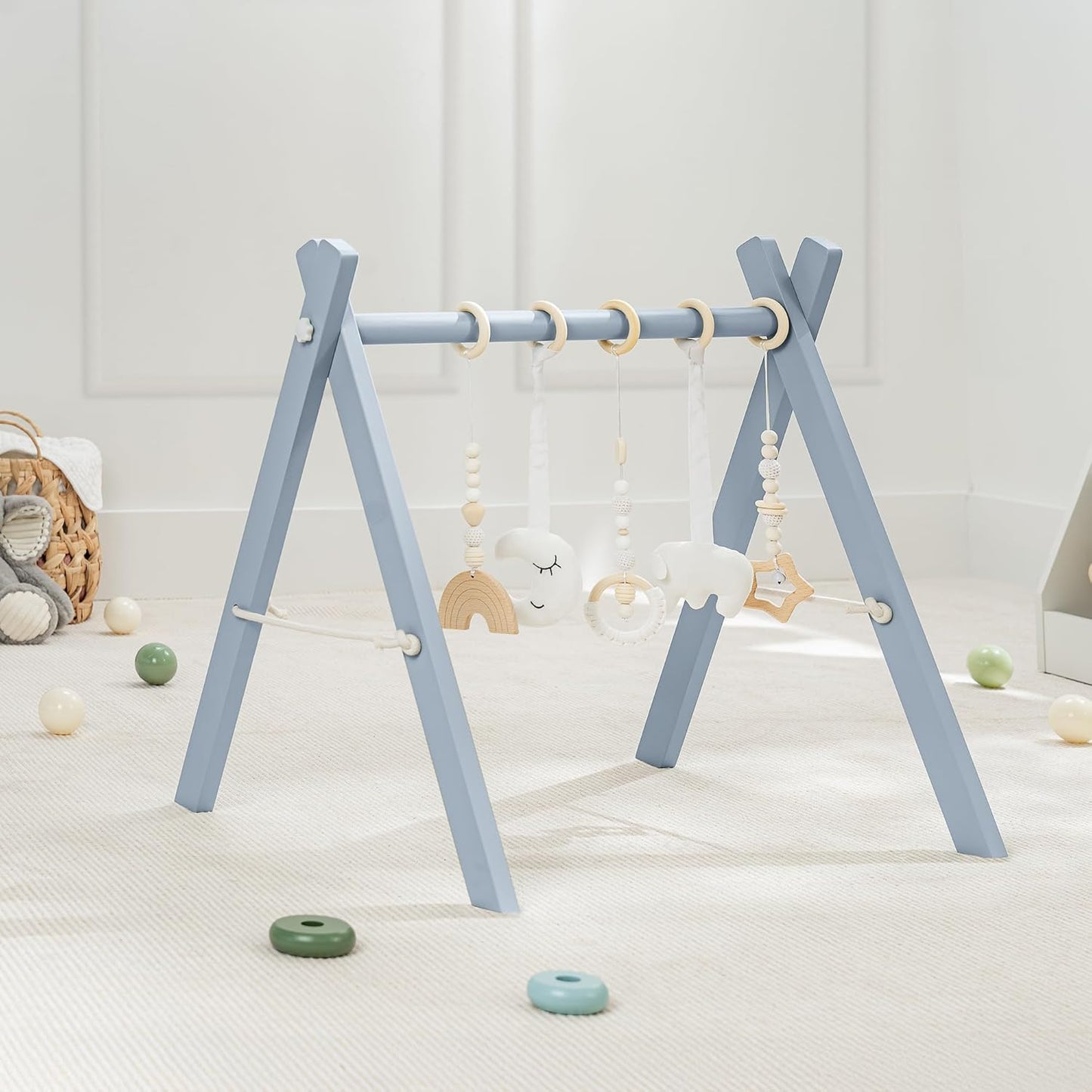 Comfy Cubs Wooden Baby Play Gym - Natural Finish Pinewood Baby Activity Gym with 5 Sensory Hanging Toys - Easy No-Tool Assembly, Safe and Durable for Infant Motor and Visual Development - Pacific Blue