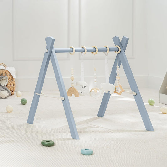 Comfy Cubs Wooden Baby Play Gym - Natural Finish Pinewood Baby Activity Gym with 5 Sensory Hanging Toys - Easy No-Tool Assembly, Safe and Durable for Infant Motor and Visual Development - Pacific Blue
