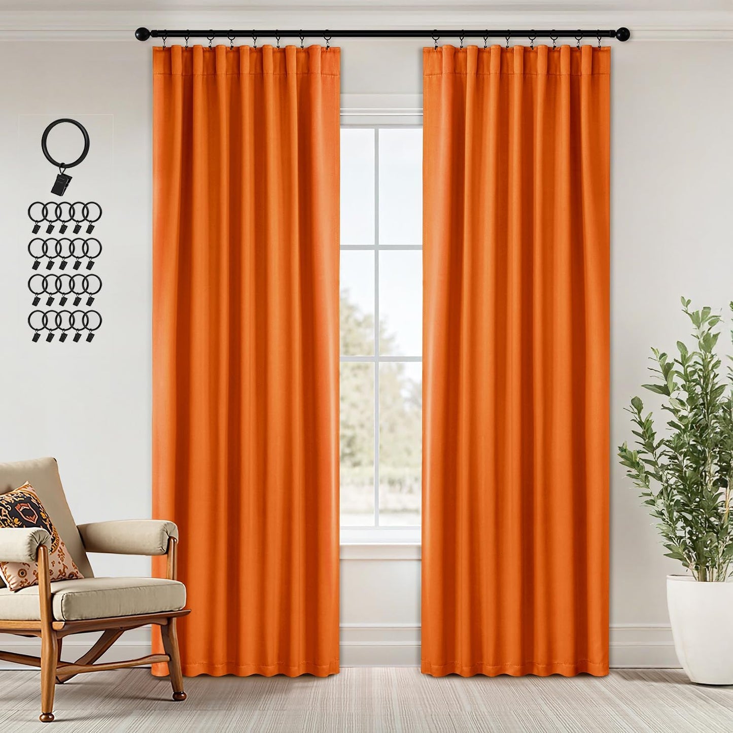 ANRODUO Back Tab Blackout Curtains for Bedroom Living Room, Rod Pocket Pinch Pleated Thermal Insulated Room Darkening Curtains 84 Inches Long 2 Panels, Orange, 42 x 84 Inch