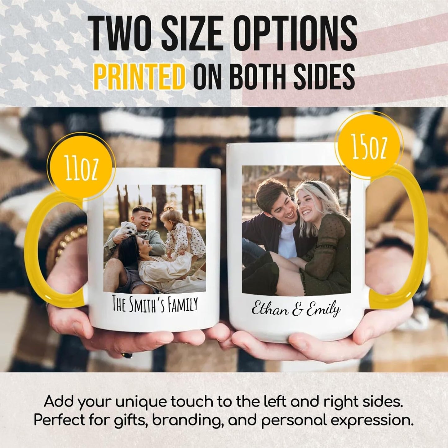 Ship Next Day Custom Mug Design Your Own Photo Text Personalized Picture Gifts for Women Men Customized Gifts Idea Personalized Coffee Mugs 15oz Yellow Handle