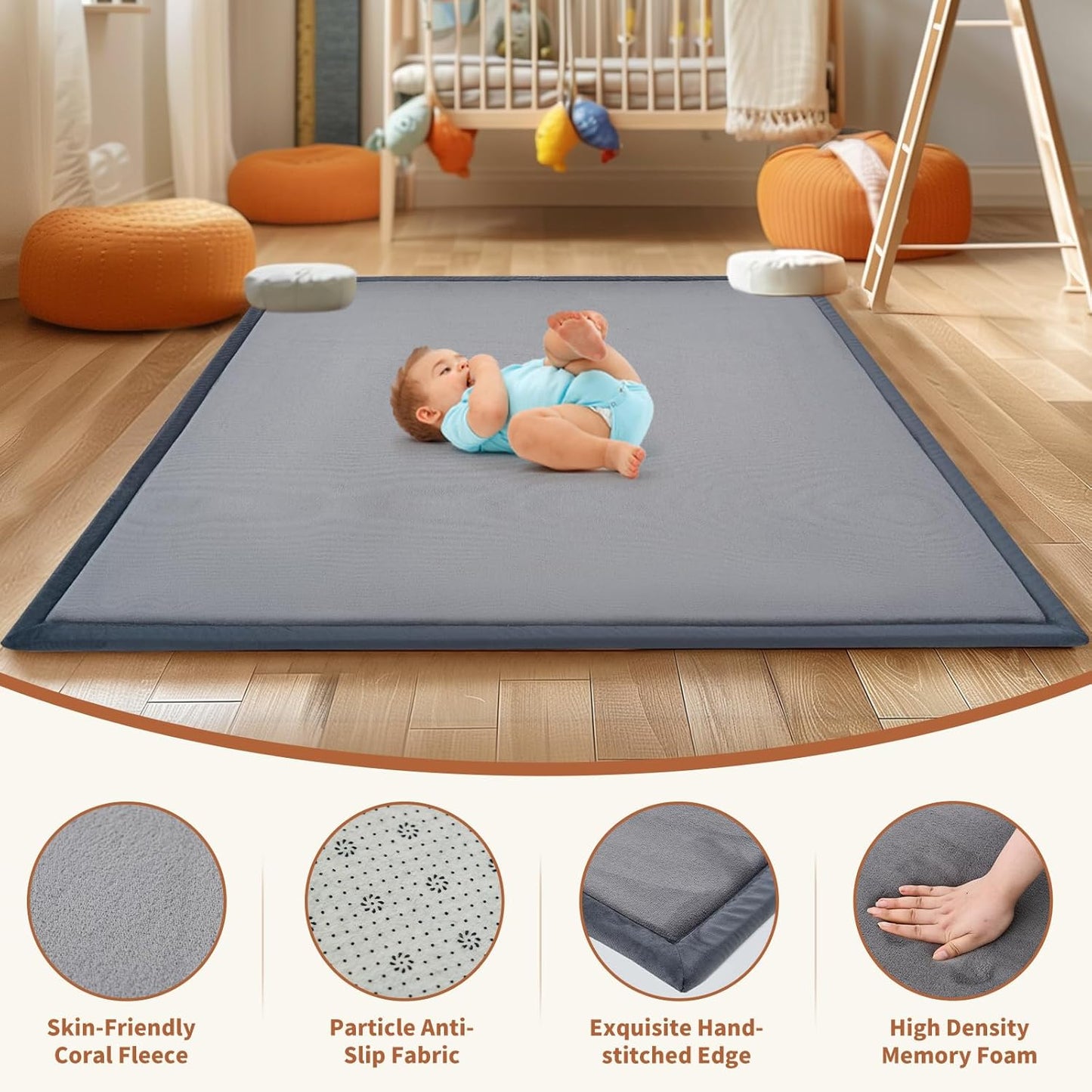 SUNYRISY Baby Play Mat for Floor, 1.4in Thick Memory Foam Padded Play Mats for Baby, Soft Velvet Infants Toddler Kids Play Mat Non-Slip Bottom, Crawling Baby Rugs for Nursery 60x70in
