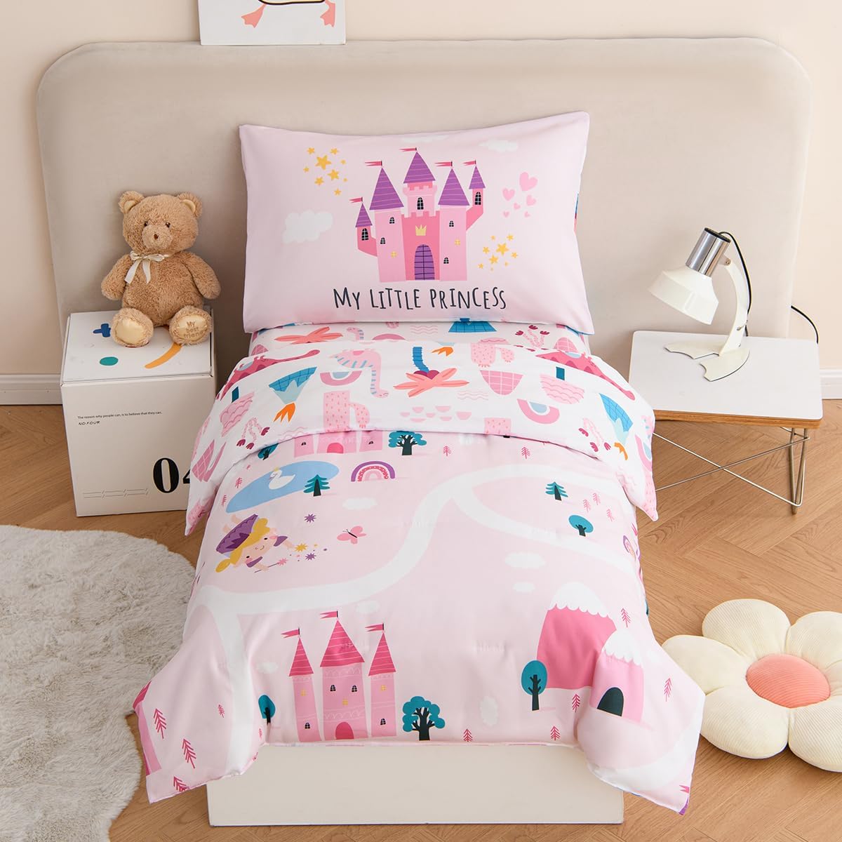 PERFEMET 4 Pcs Twin Bedding Set for Girls Pink Castle Kids Bed in A Bag Comforter Set Ultra Soft Reversible Fairy Tales Themed Bedding Comforter with Sheet Set for All Seasons(Pink, Castle)