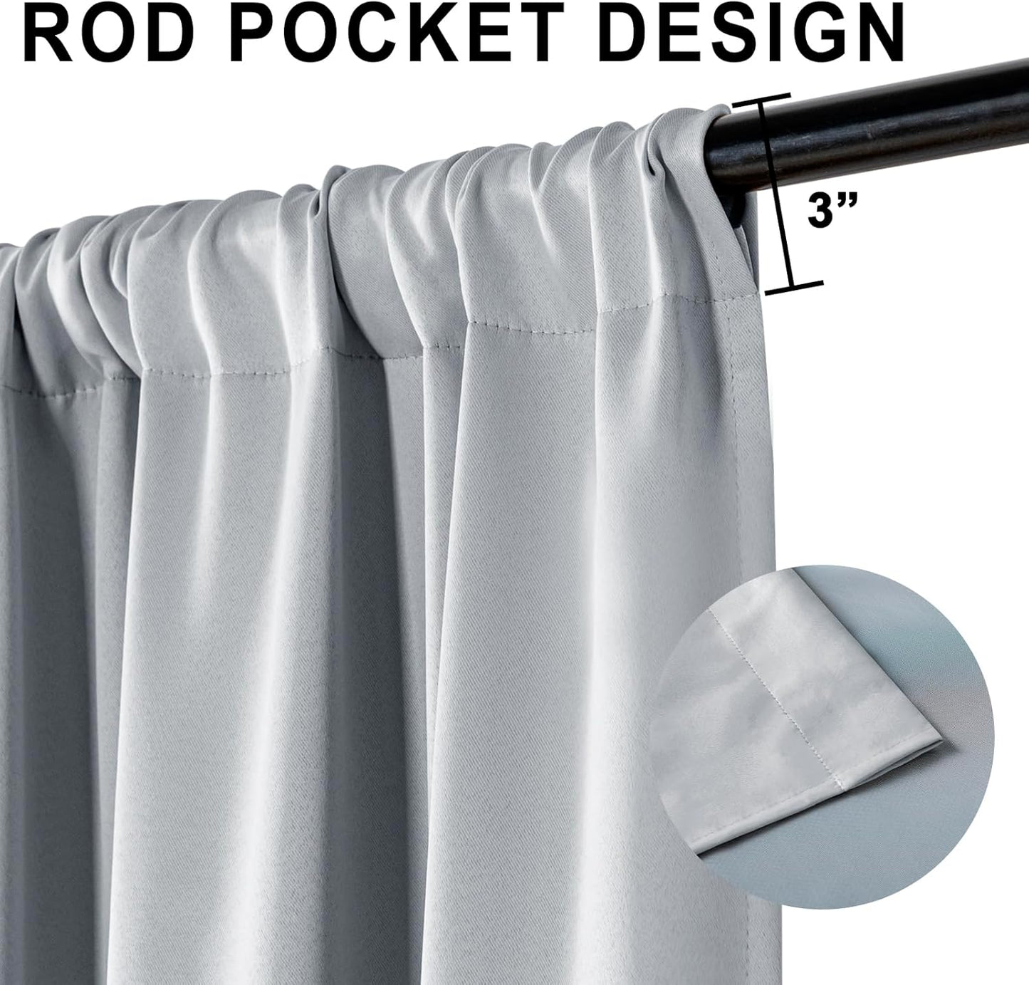 XWZO 100% Blackout Curtain Panels - Extra Long Rod Pocket Thermal Insulated Black Liner Curtains, Noise Reducing and Heat Blocking Drapes for Bedroom with Tiebacks, Light Grey, W52 x L108, Set of 2