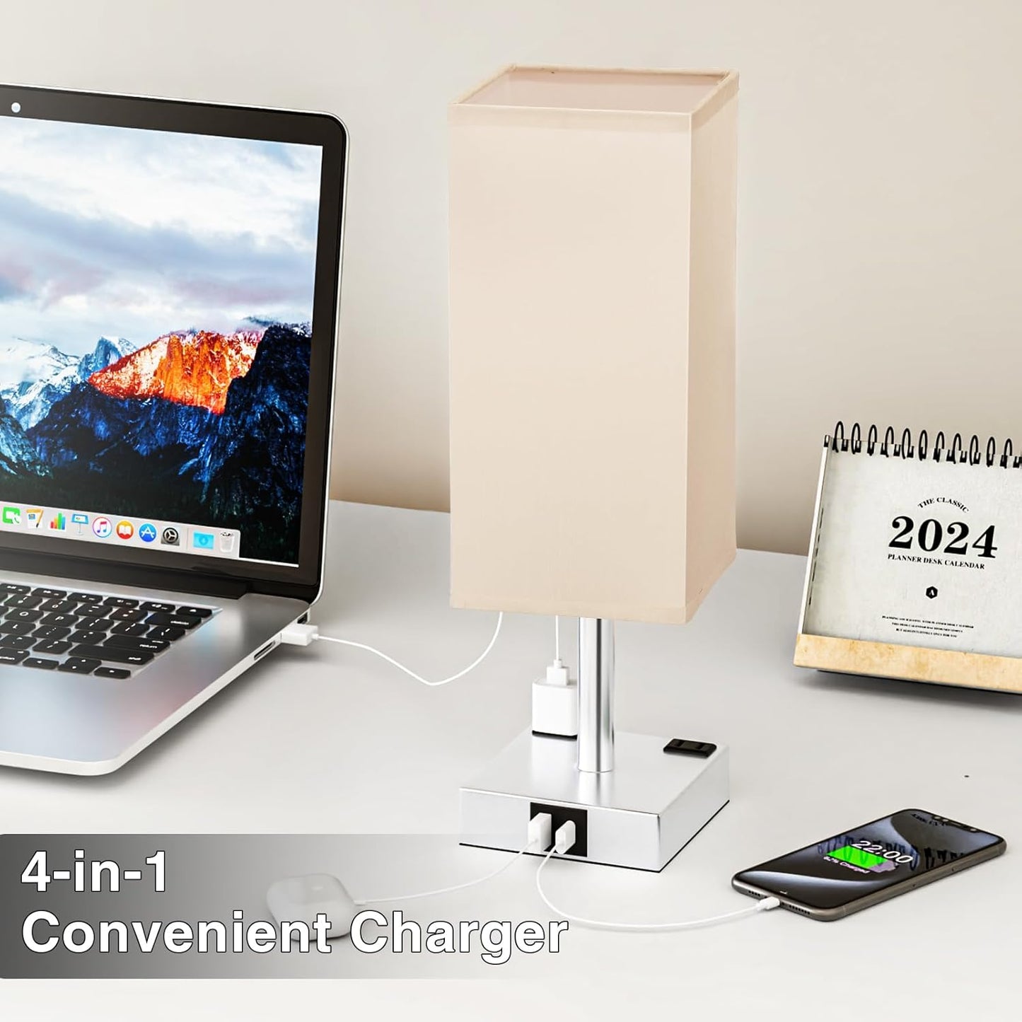 Touch Bedside Table Lamp for Nightstand - 3-Way Dimmable Night Lamp with USB A + Type C Charging Ports and Two AC Outlets, Small Desk Light with E26 LED Bulb for Bedroom Living Room Dorm Office