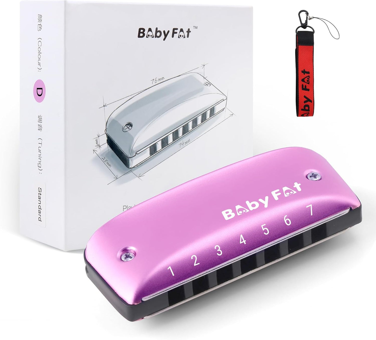 BabyFat 7 Hole Blues Mini Harmonica Set,Diatonic Harmonica with free lanyards,Gifts for Professional Players and Beginners,Easy-playing Musical Instrument(Key of D）