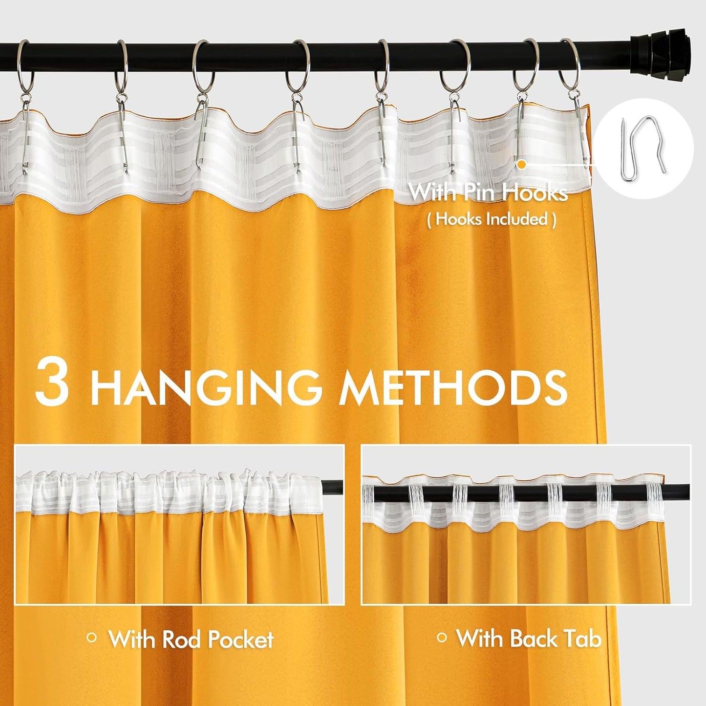 MIULEE Yellow Back Tab Blackout Curtains 63 Inch Length 2 Panels Set for Living Room Bedroom Privacy, Rod Pocket/Pinch Pleat Thermal Insulated Room Darkening Pleated Light Blocking Drapes