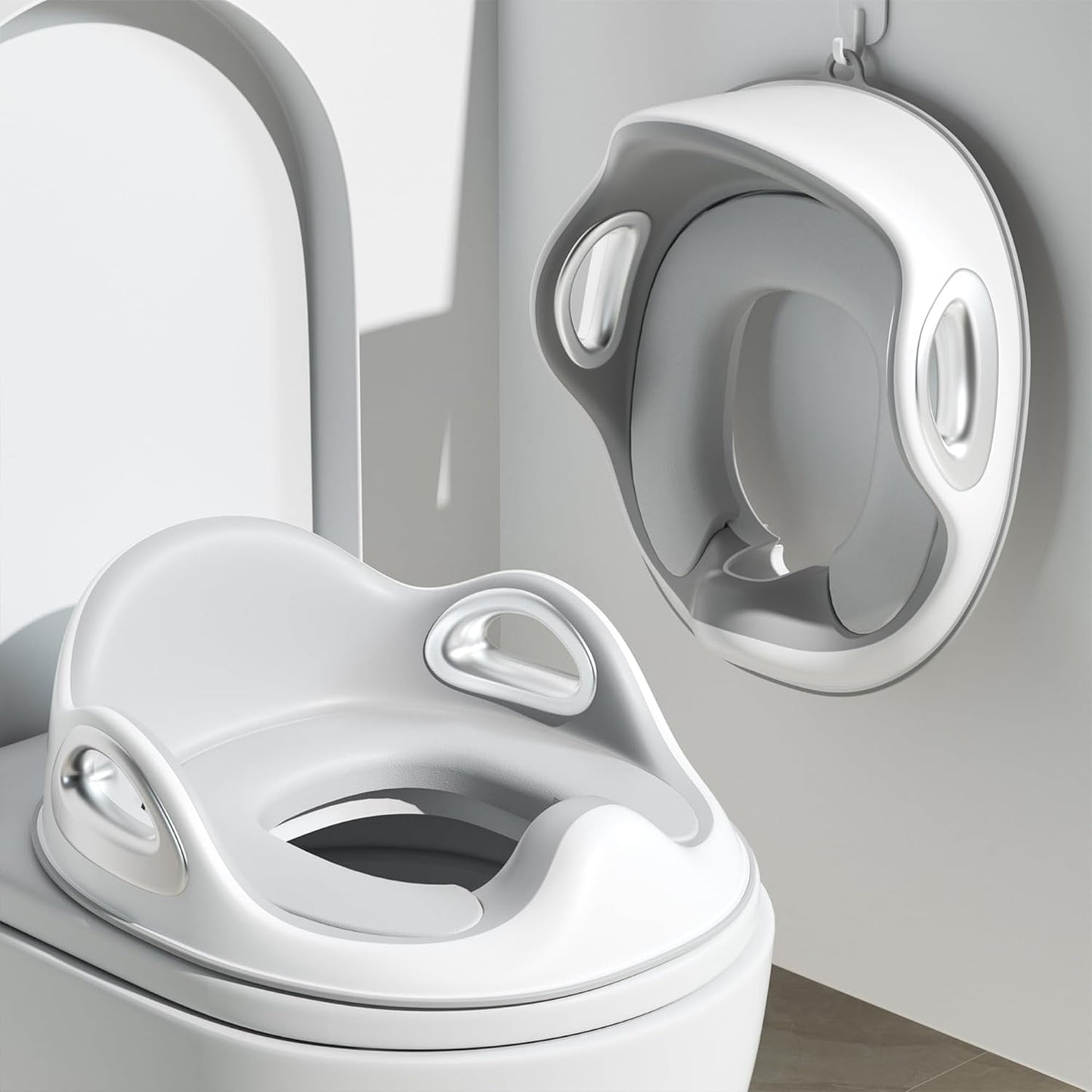 Potty Training Toilet Seat, Toddler Toilet Seat Attachment with Safety Handles, Detachable Soft Cushion, Anti-Slip Design and Splash Guard, Baby Toilet Seats for Kids, Boys and Girls (Grey)
