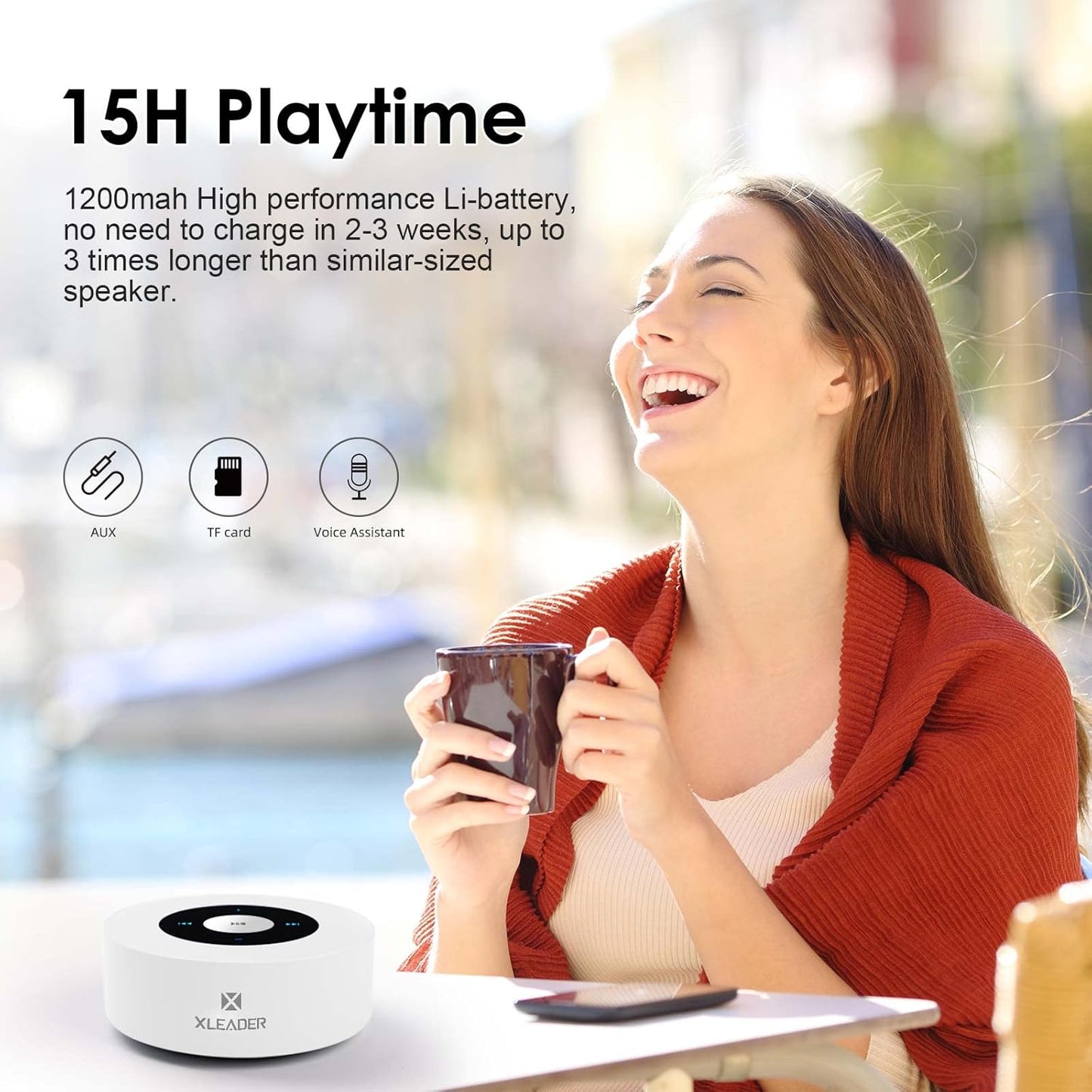 XLEADER SoundAngel A8 Bluetooth Speaker, White, 15h Music Playtime, Waterproof Case, 3.5mm Audio Cable, Micro USB Charging Cable