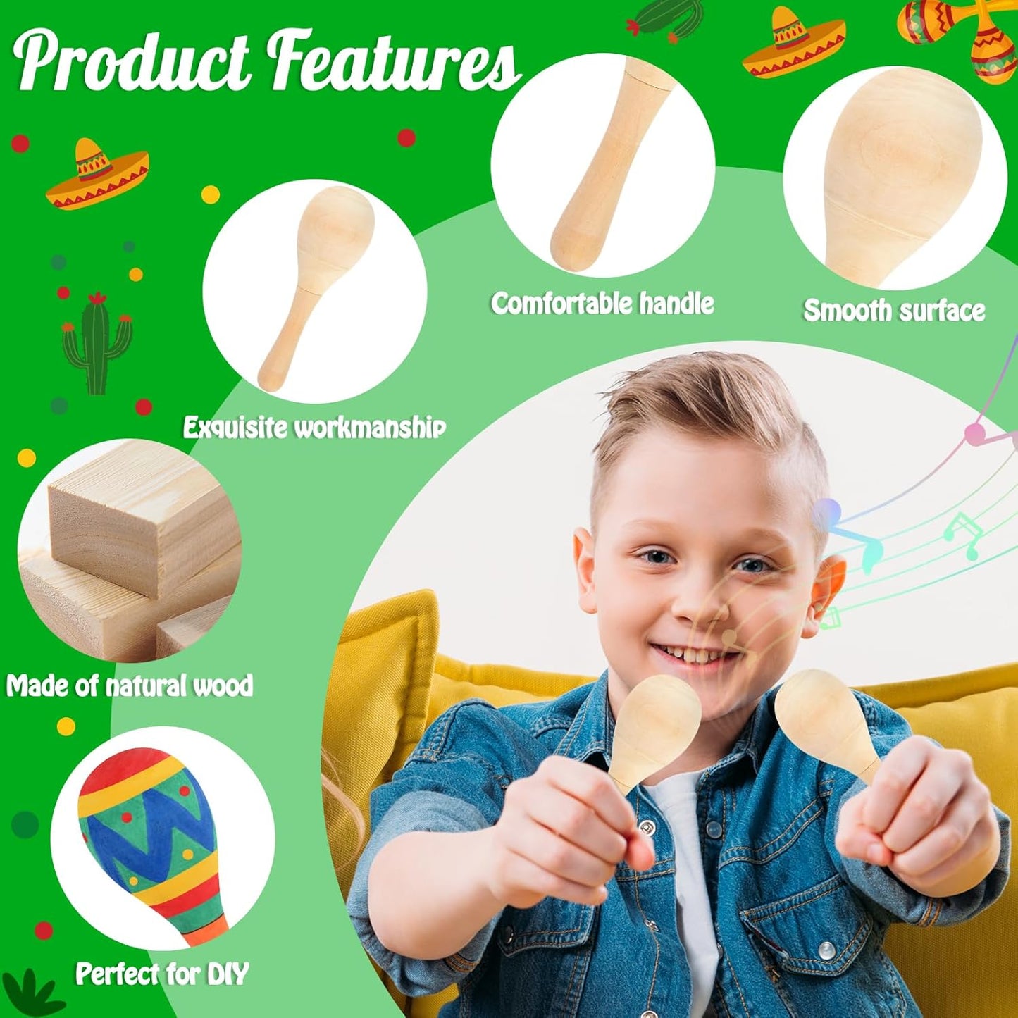 NEBURORA 6Pcs DIY Mini Unfinished Wooden Maracas with 6Pcs Multicolor Pens Fiesta Mexican Maracas Favors Cinco De Mayo Party Supplies Decorations