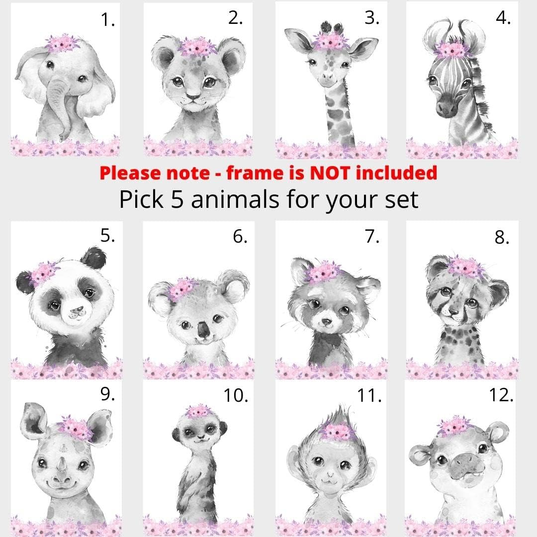 Personalized Safari Animals for Baby Girls Nursery Bedroom Unframed Set of 6 Poster Prints, Personalized Name Pink Purple Flowers Wall Art Decor New Baby Gift Present, Elephant Giraffe Panda Zebra Lion (9x12)