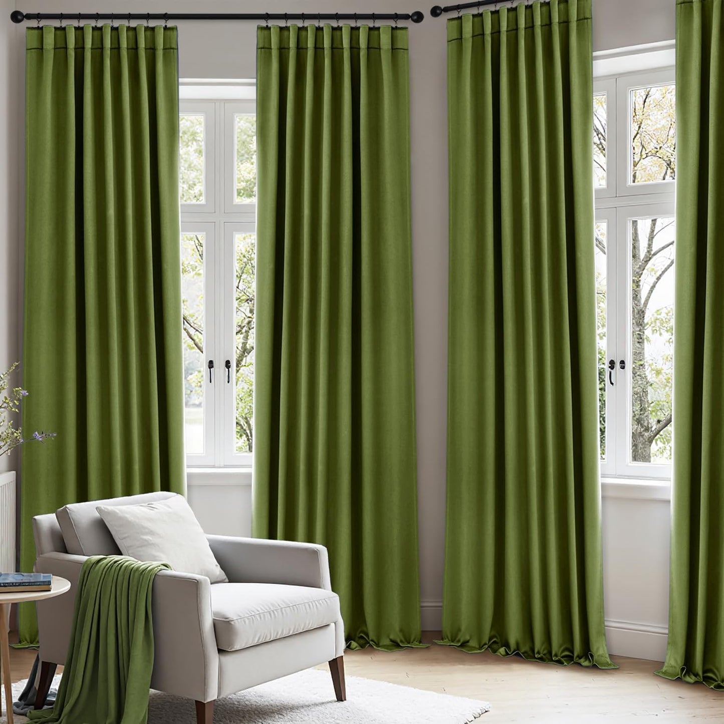 ANRODUO Back Tab Blackout Curtains for Bedroom Living Room, Rod Pocket Pinch Pleated Thermal Insulated Room Darkening Curtains 90 Inches Long 2 Panels, Olive Green, 42 x 90 Inch