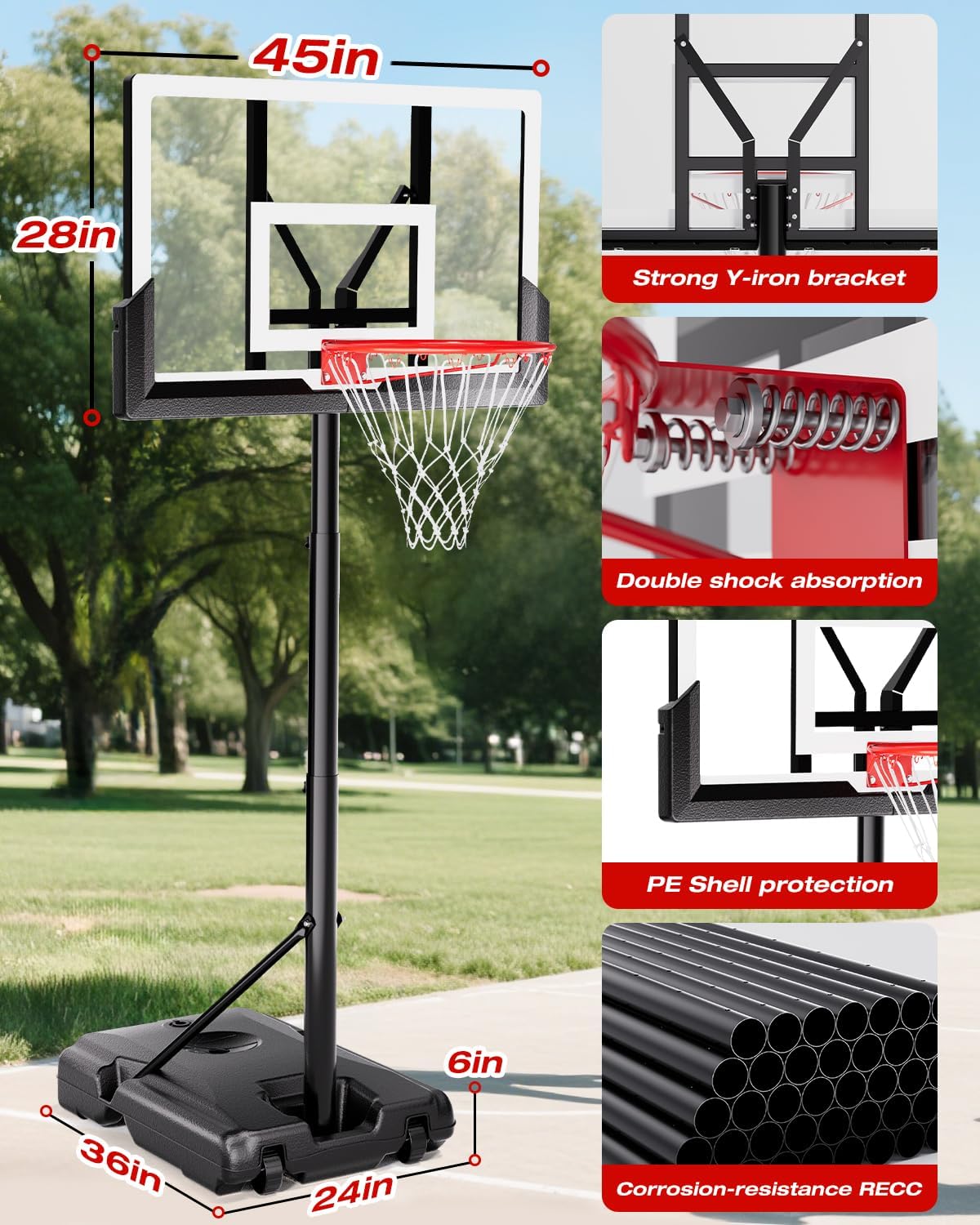 Basketball Hoop Outdoor 10 FT Height Adjustable, Portable Basketball Goals Systems with 45" Backboard for Youth Adults Kids - Backyard, Driveway, Indoor Play