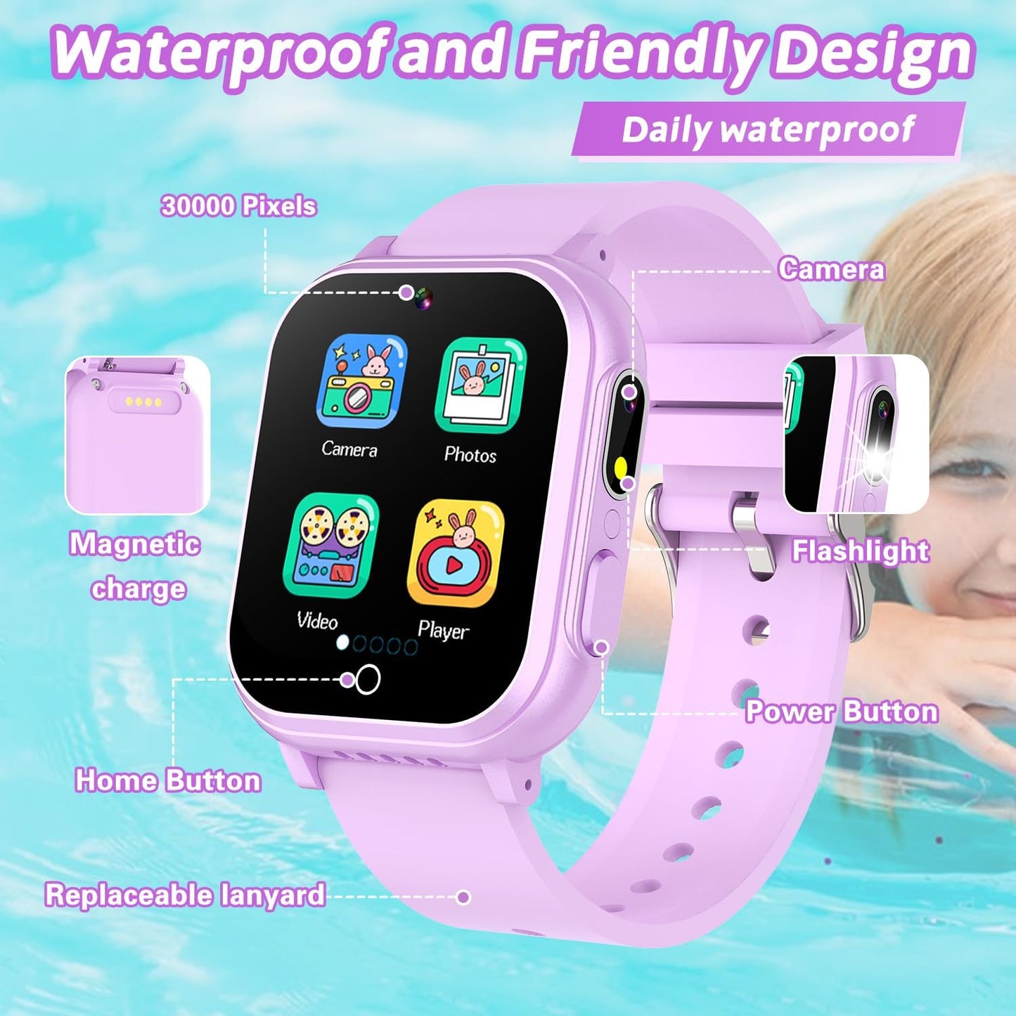 Kids Waterproof Smart Watch Gift for Girls Age 5-12, 32 Games HD Touchscreen Kids Watch with Dual Camera Video Music Player Pedometer Learn Cards 12/24hr Toys Birthday Gifts for Girls Ages 6 7 8 9