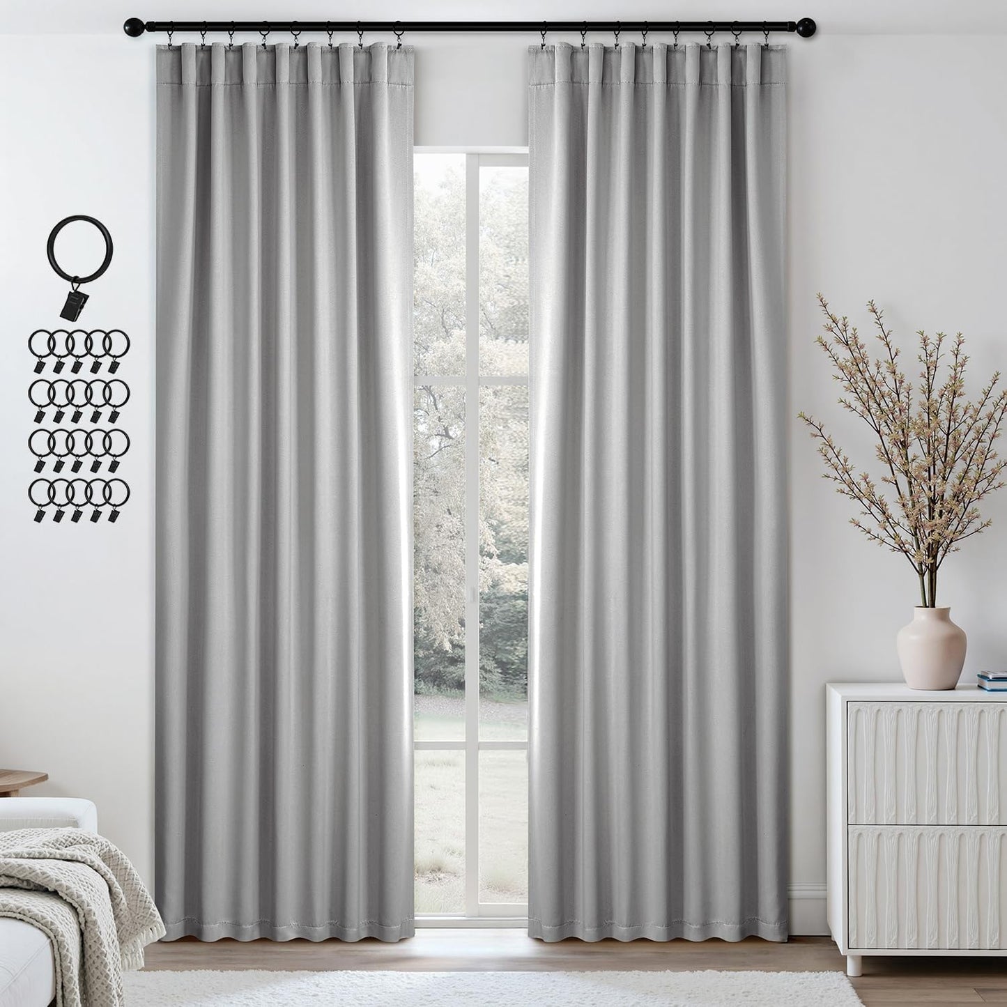 ANRODUO Back Tab Blackout Curtains for Bedroom Living Room, Rod Pocket Pinch Pleated Thermal Insulated Room Darkening Curtains 90 Inches Long 2 Panels, Light Grey, 42 x 90 Inch