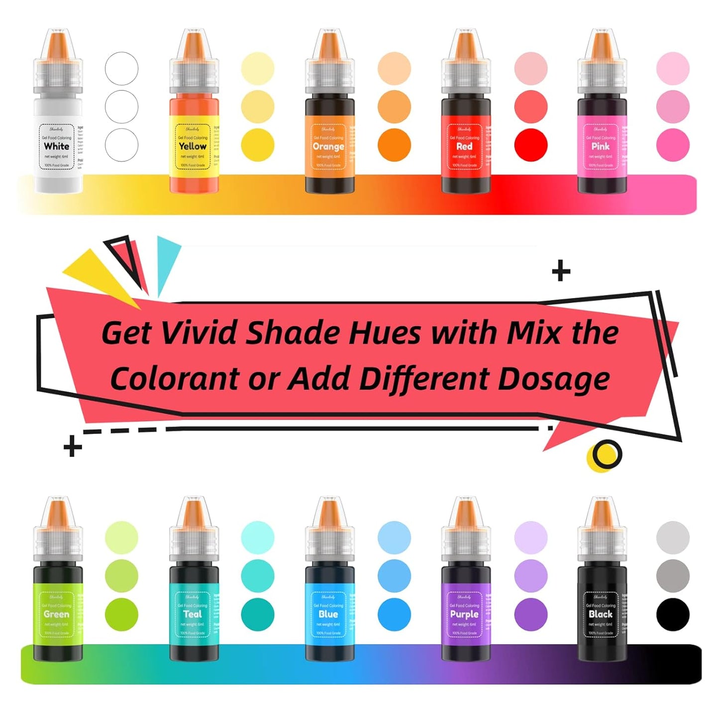 Gel Food Coloring Easter Egg Dye Kit - Shanlinly 10 Colors Gel Based Flavorless Edible Food Color Dye Vibrant Neon Icing Color for Cake Decorating Baking Macaron Frosting Fondant Cookie (6ml/Bottles)