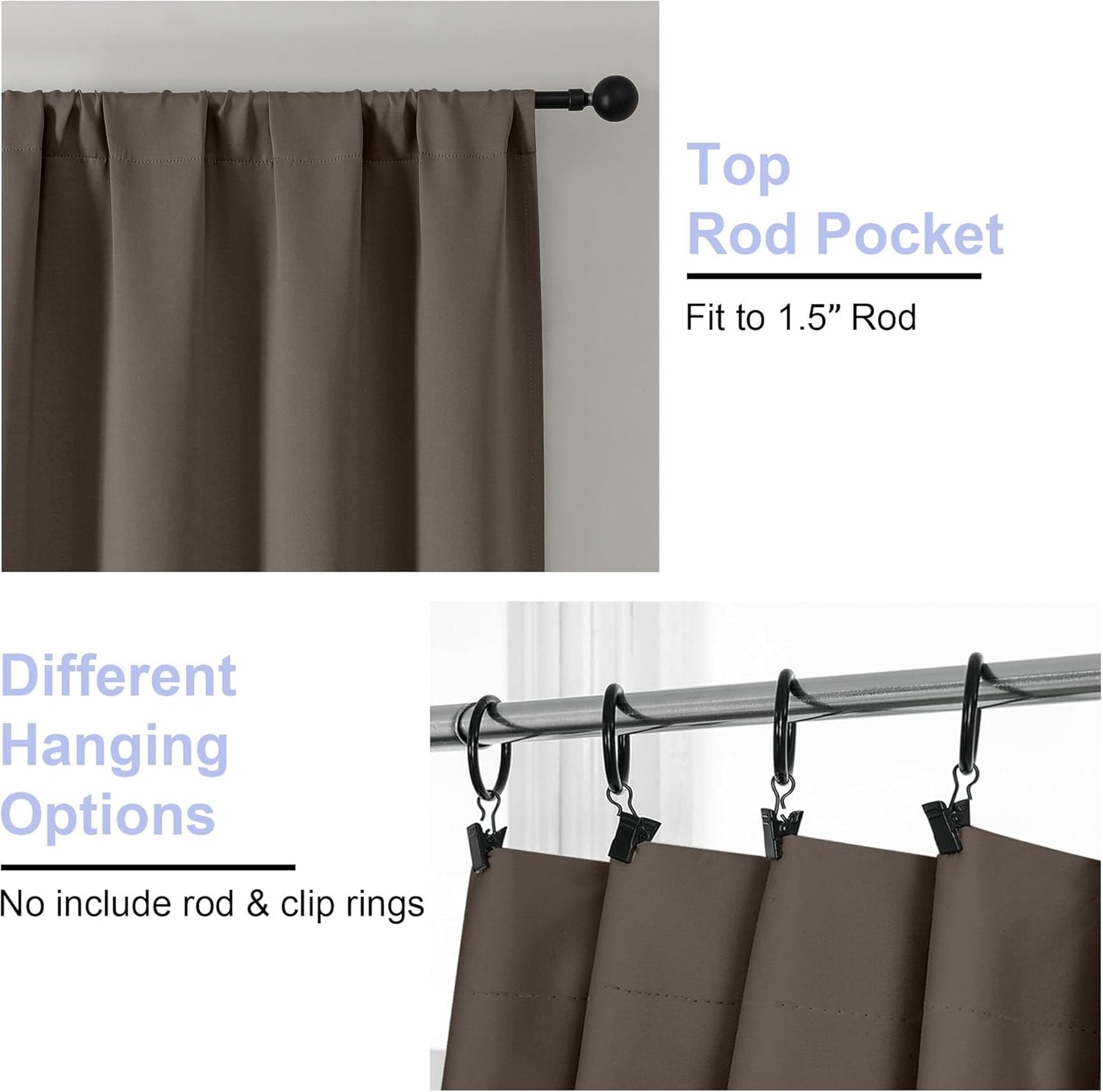 Simplebrand Ava Brown Blackout Curtains for Bedroom 63 Inch Length 2 Panels Set, Solid Thermal Insulated Energy Saving Rod Pocket Window Treatment Curtains Blackout Drapes, W40 x L63 Inch, Brown