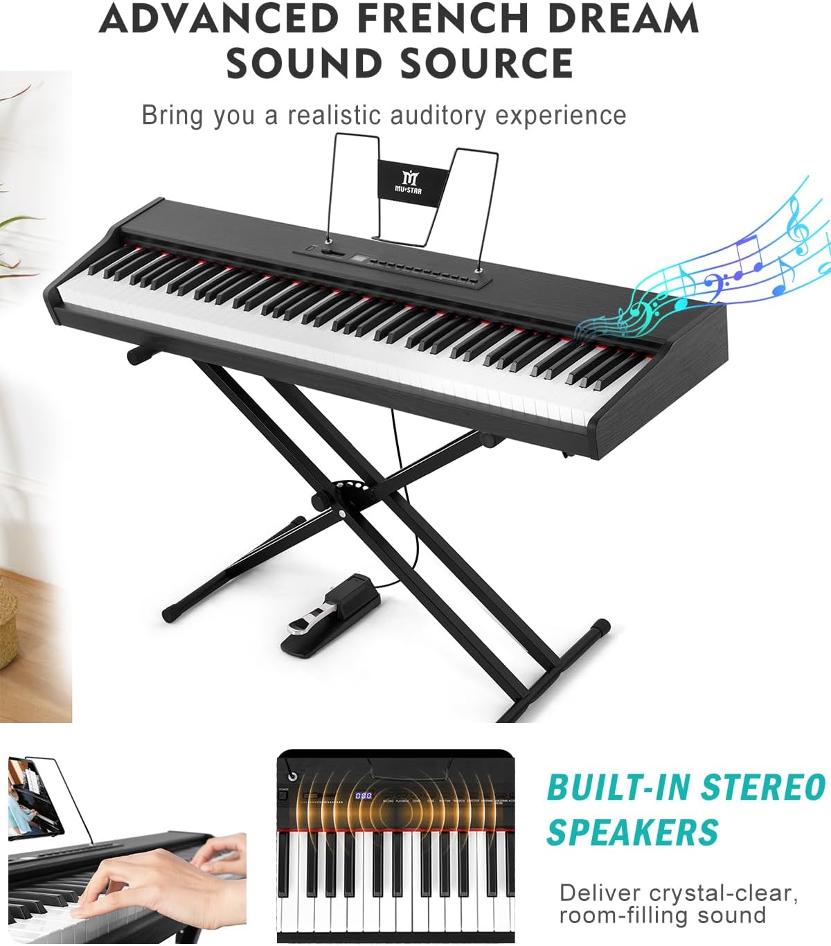 MUSTAR Digital Piano 88 Key Weighted with Stand, 88 Key Semi Weighted Keyboard Piano MEP-900, Portable Electric Piano Keyboard 88 Keys with Bluetooth Connection, Case, Sustain Pedal, MDF, Black