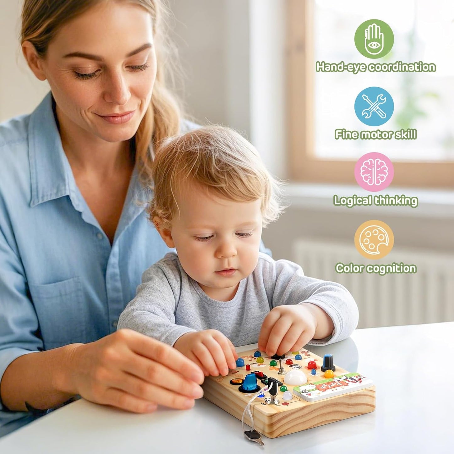 Joyreal Montessori Busy Board Wooden Sensory Toys for Toddler with LED Light Up Switch, Baby Fidget Board Travel Toys for 18+ Months, 1 2 3 Year Old Boys Girls Toddler Toy Gifts (Farm)