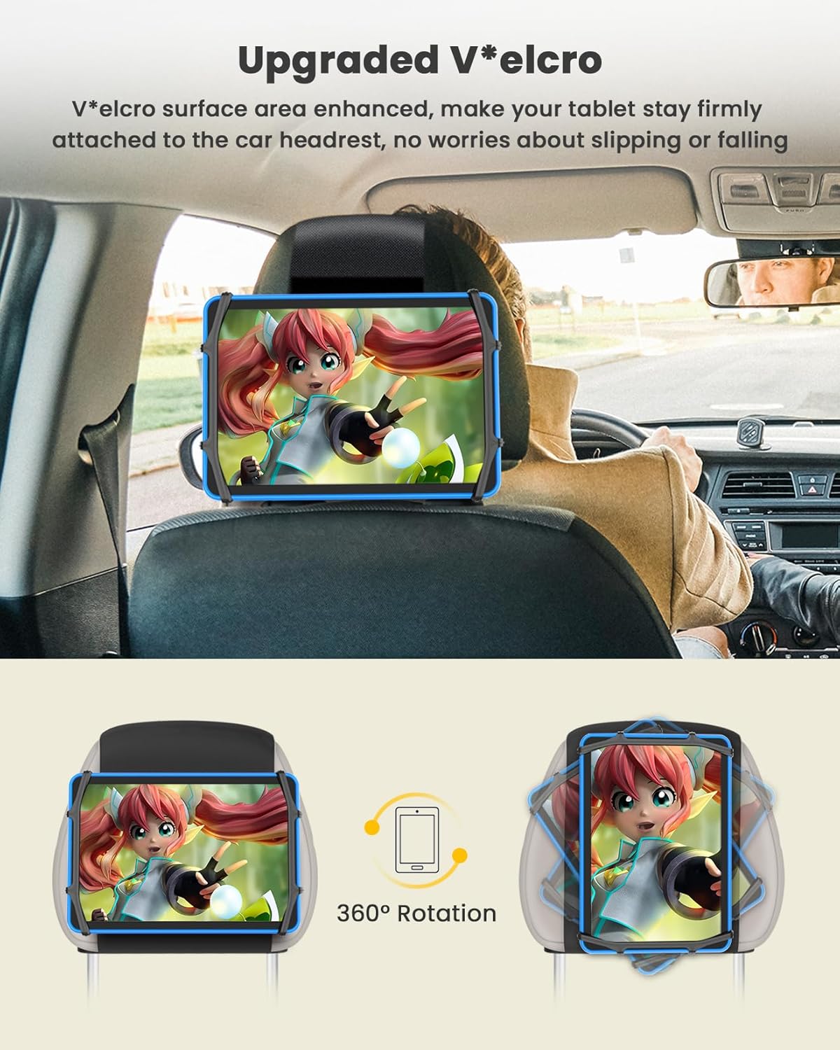 WONNIE Tablet Holder for Car, Upgraded iPad Holder for Car Mount Headrest, iPad Mount Back Seat for Kids with Anti-Slip Strap, Silicone Holding Net/Fits All 7-12.9'' Tablets