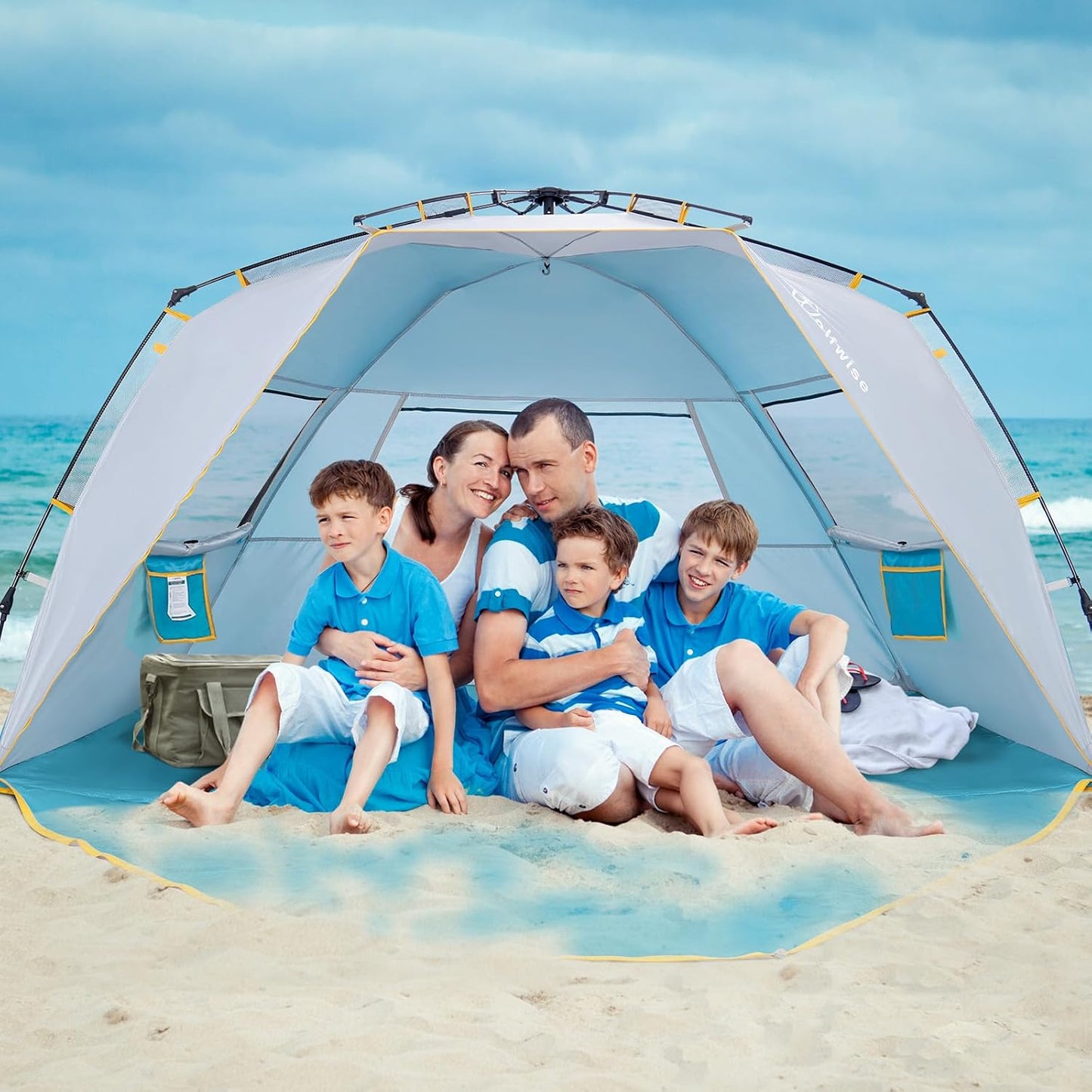 WolfWise 6-7 Person Easy Up Beach Tent UPF 50+ Portable Instant Sun Shelter Canopy Umbrella with Extended Zippered Porch, Blue