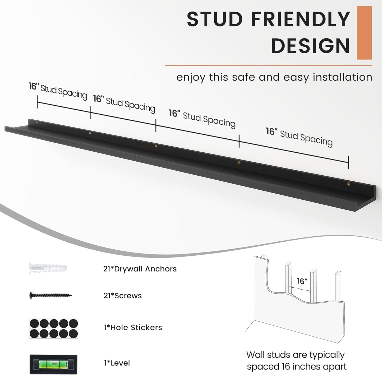 Floating Picture Ledge Shelves for Wall Set of 4, 72 Inch Wall Shelves with Lip Long Large Nursery Book Shelf for Toys Storage Kids Bookshelf Wall Mounted Living Room Bedroom Decor Frames