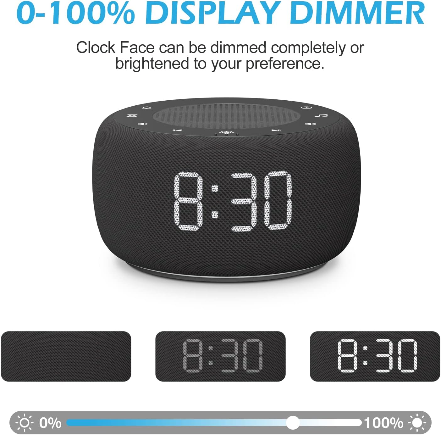 Buffbee Sound Machine & Alarm Clock 2-in-1, 0-100% Clock Face Brightness, Bottom Colored Light, Sleep Timer, Precise 30-Level Volume Control White Noise Machine