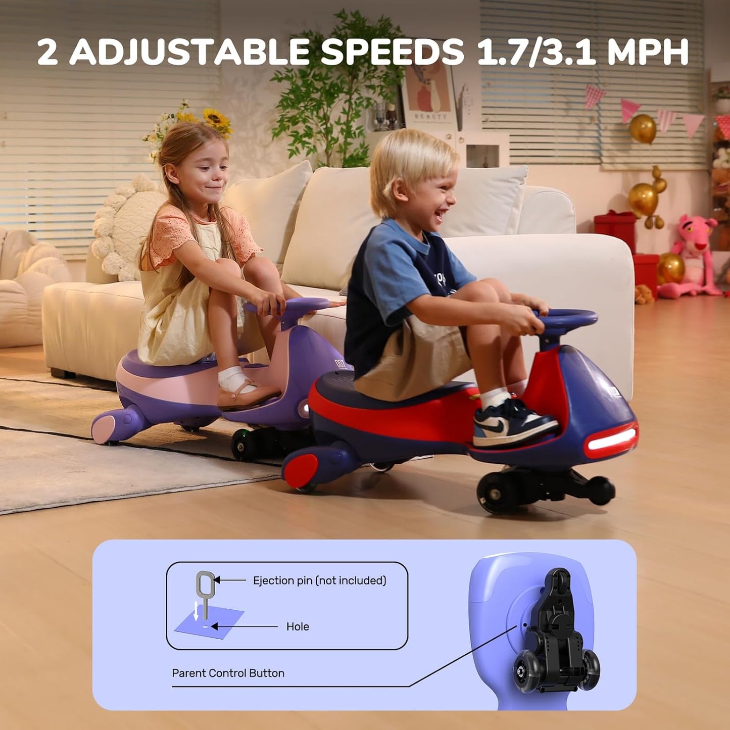 FanttikRide 6V N7 Classic Electric Wiggle Car with Pedal, Rechargeable Battery, Ride on Toys, Swing Car, 2 Speeds, Anti-Rollover, Flashing Light Wheels, Bluetooth, for Ages 3 and Up, 150 Lbs, Pink
