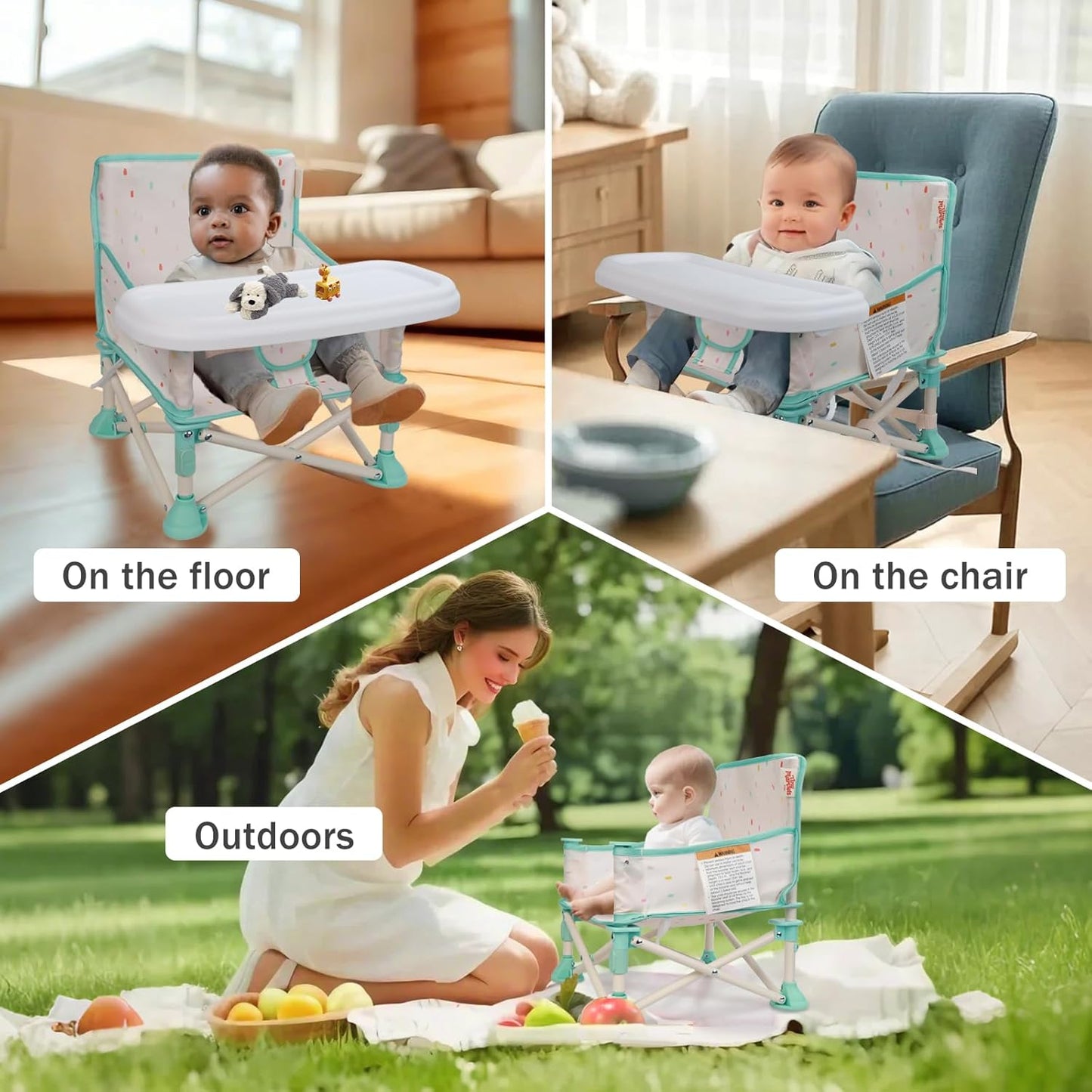 Tiny Marvels Portable 3-in-1 Baby Booster Seat, Cozy Floor Seat, Feeding Seat with Tray, Compact Foldable Toddler Booster with Child Safety Belt Carry Bag, Perfect for Travel (Cream Confetti)