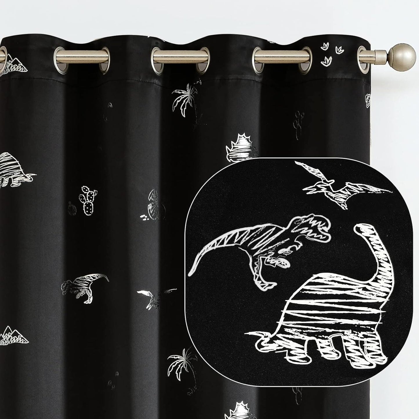 Vangao Kids Curtains Black Blackout Dinosaur Curtains for Boys Kids Nursery Girls Room Silver Dino Foil Print Thermal Insulated Drapes Grommet Top Window Treatments 84 Inches Length 2 Panels