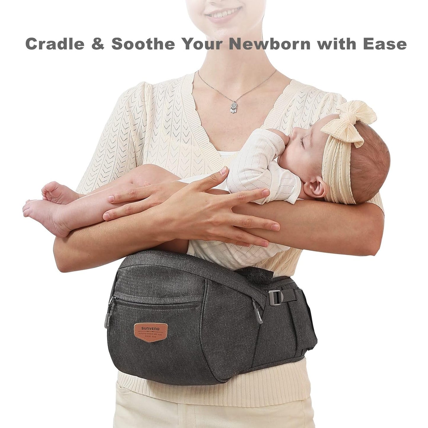 SUNVENO Baby Hip Carrier with Hip Seat, CPC-Certified, Ergonomic Infant Carrier for Newborns & Toddlers up to 45 lbs, Adjustable Waistband, Multiple Pockets, All-Season, Grey