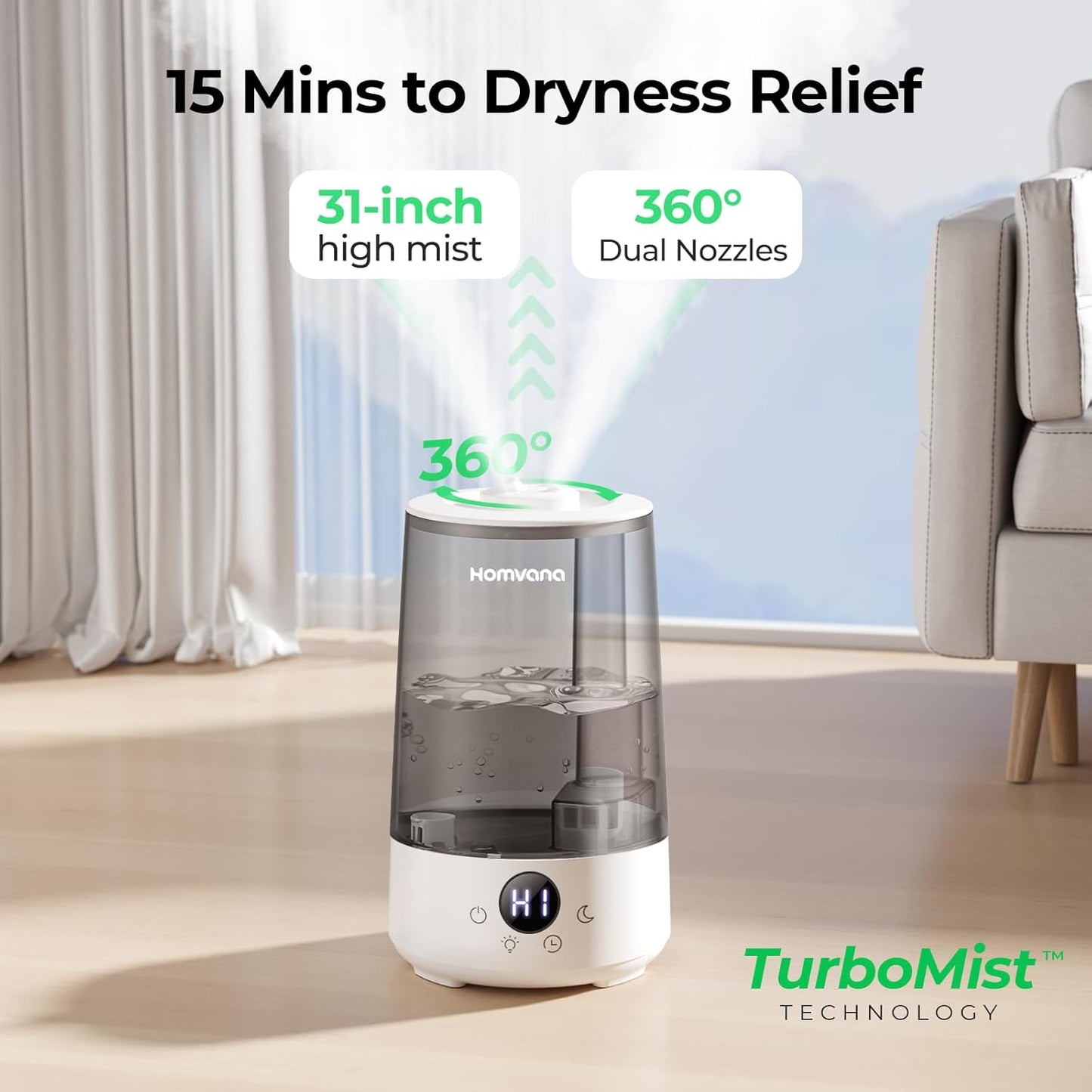 Homvana Humidifiers for Bedroom Home, 3.6 L Cool Mist Top-Fill 34H Super Long Time, Quiet 23dB, Baby Humidifier, Oil Diffuser for Large Room, Plants, Nursery, Office BPA FREE, 7 Color Light Ultrasonic