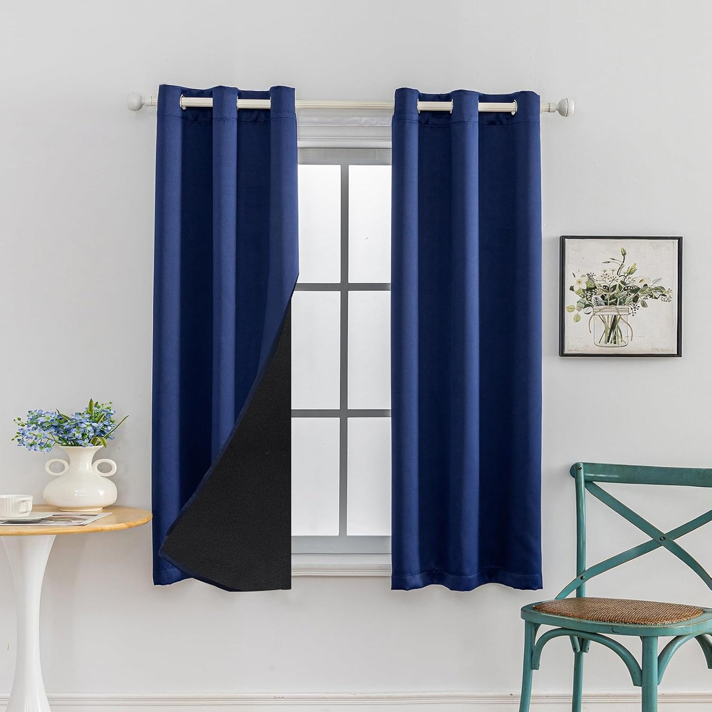 Anytime 100% Blackout Curtain Set, Thermal Insulated & Energy Efficiency Window Draperies for Guest Room, Full Shading Panels for Shift Worker and Light Sleepers（Navy Blue, 2 Panels, 37W x 63L）