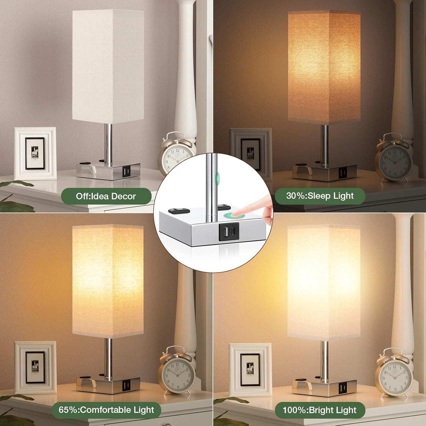 aooshine Beige Set of 2 Touch Lamp with USB Port-Nightstand Lamp with USB-C+A Charge Ports& AC Outlets, 3-Way Dimmable Bedside Lamp with Shade,Small Table Lamp for Bedroom Living Room(Bulb Included)