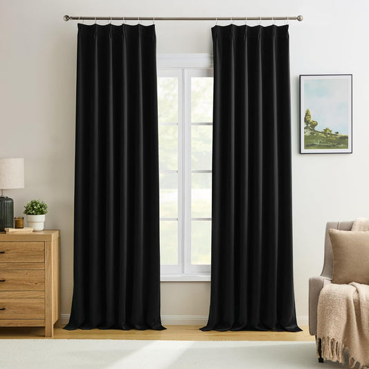 KEQIAOSUOCAI Black Curtains Blackout 108 Inches Long, Luxury Faux Silk Polyester Pinch Pleated Thermal Insulated Black Out Curtains with Hooks for Living Room Bedroom Home Office 40x108