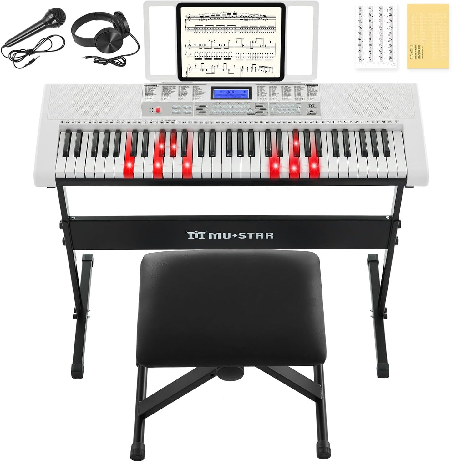 61 Key Piano Keyboard, Electric Keyboard Piano with Light-Up Keys, 255 Tones/Rhythms, Smart Learning System, Headphone, Microphone, Keyboard Stand, Stool, Stickers, Piano Keyboard Set for Beginners