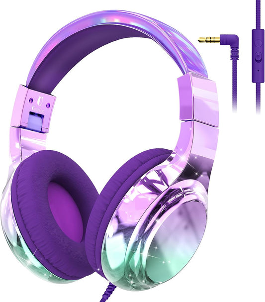 QearFun Kids Headphones Wired with Mic, 85/94dB Safe Volume Limit, Foldable Over Ear, Tangle-Free Cord & Sharing Port, Wired On-Ear Headset for School, Chromebook, Tablet, Travel - Boys & Girls