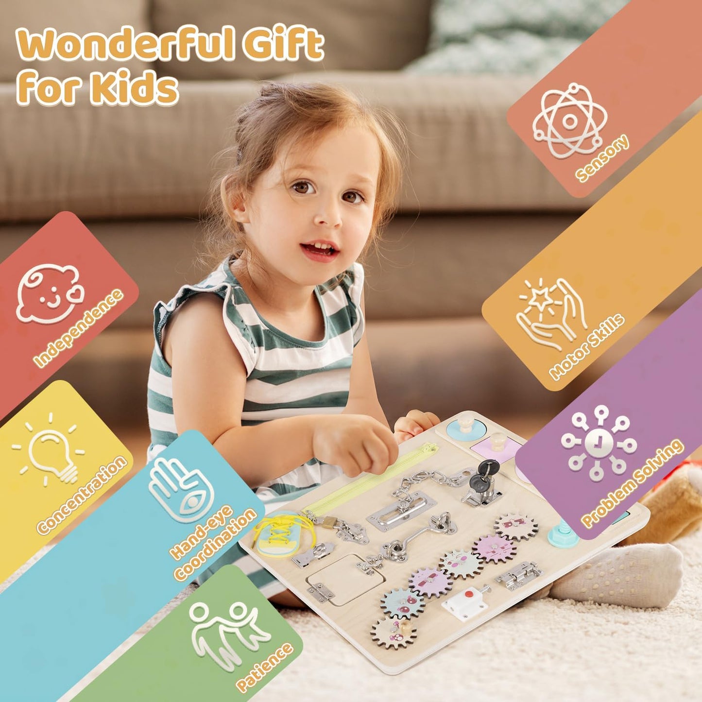 Toddler Wooden Busy Board, Montessori Activity Pad for Kids, Sensory Fidget Board for Children, Preschool Educational Activities Pad Toy.