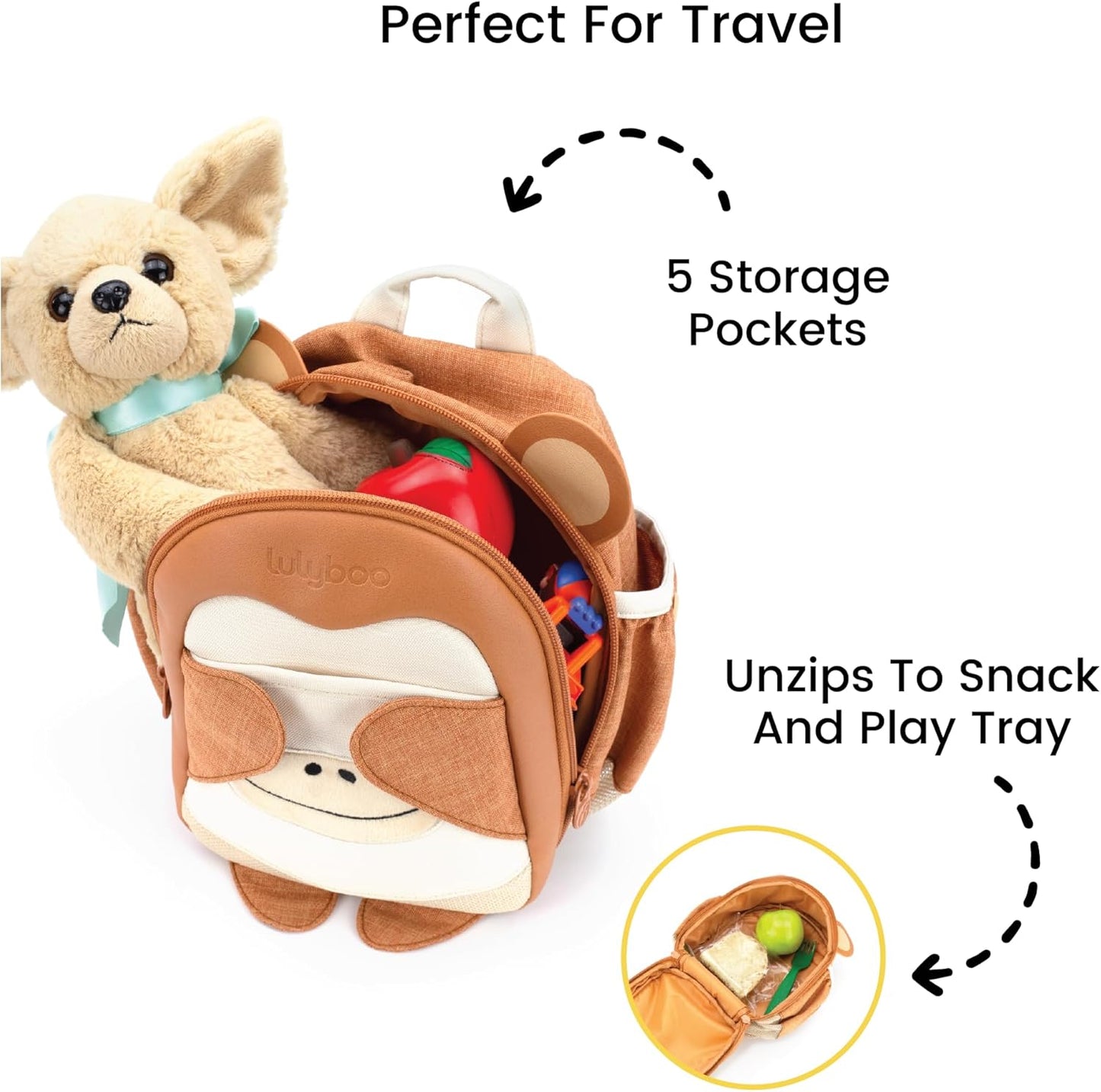 Toddler Harness Backpack Leash - Baby Walking Harness & Anti-Lost Wrist Tether - Kids Backpack 5 Storage Pockets and 2 Adjustable Child Leashes for Kids 1, 2,3,4,5,6,7 Years Old - Ultra-Soft - Monkey