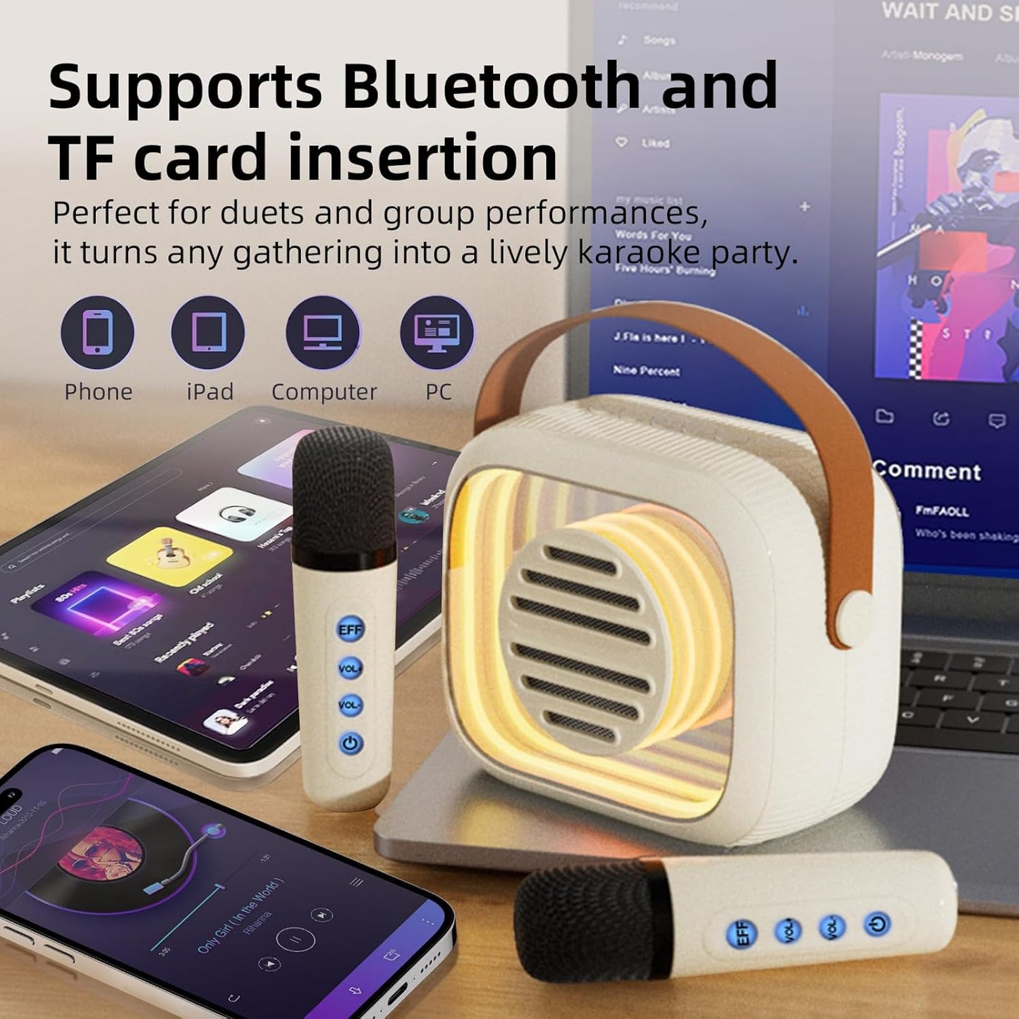 YF93 Mini Karaoke Machine for Kids with Bluetooth Speaker, 7 Voice-Changing Modes, Dual Microphones, Colorful LED Lights, TF Card Support, Portable Singing Gift for Children and Parties(Black)
