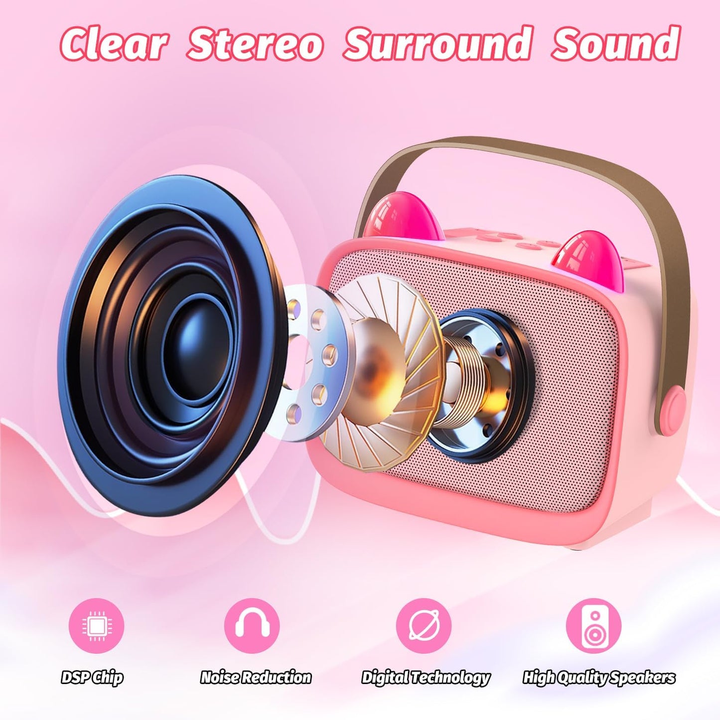 Mini Karaoke Machine Toys Gifts,Kids Portable MP3 Player with 2 Wireless Microphone and LED,Christmas Birthday Gifts for Girls Boys 3 4 5 6 7 8+ Year Old (Pink)