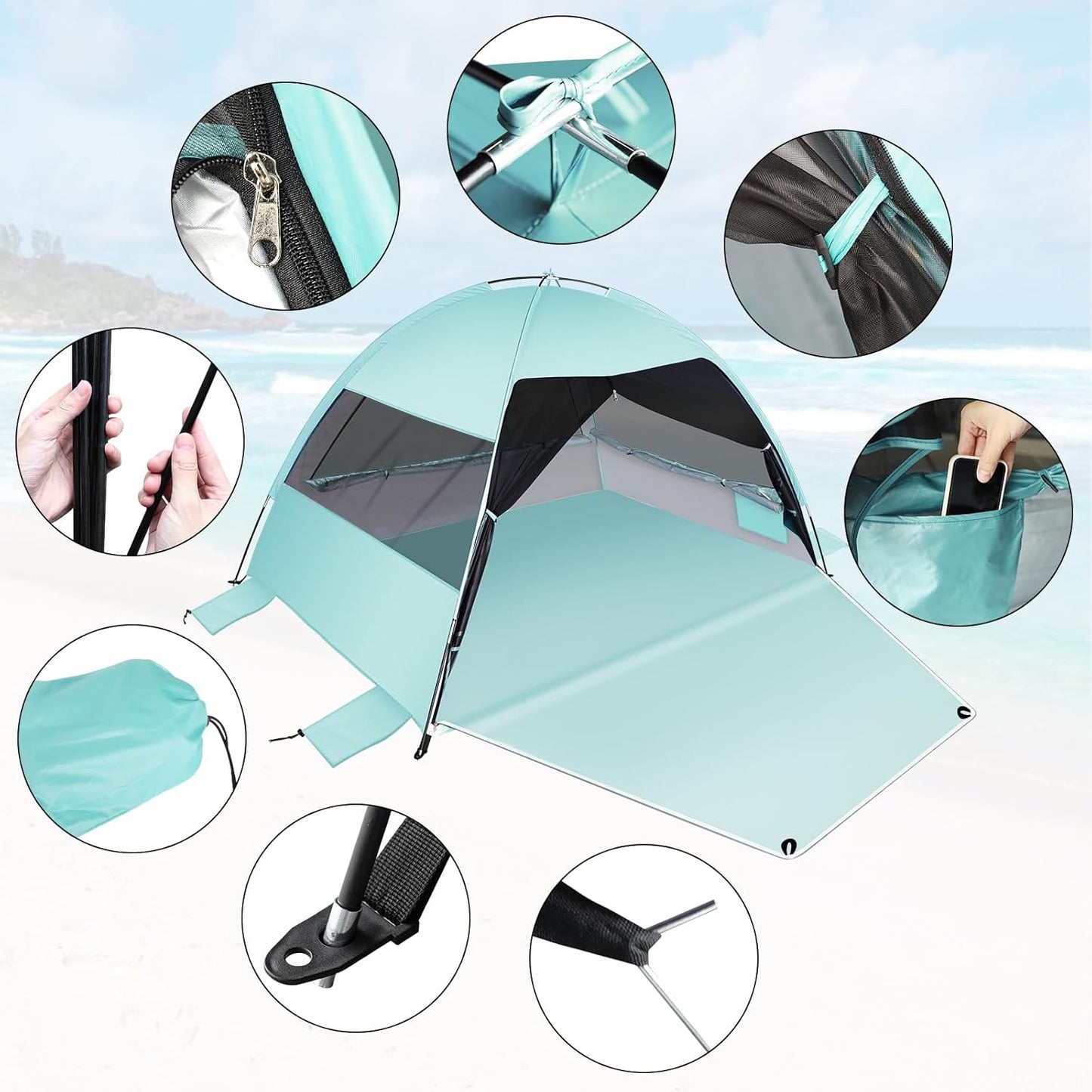 Large Easy Setup Beach Tent,Anti-UV Beach Shade Beach Canopy Tent Sun Shade with Extended Floor & 3 Mesh Roll Up Windows Fits 3-4 Person,Portable Shade Tent for Outdoor Camping Fishing (Mint Green)