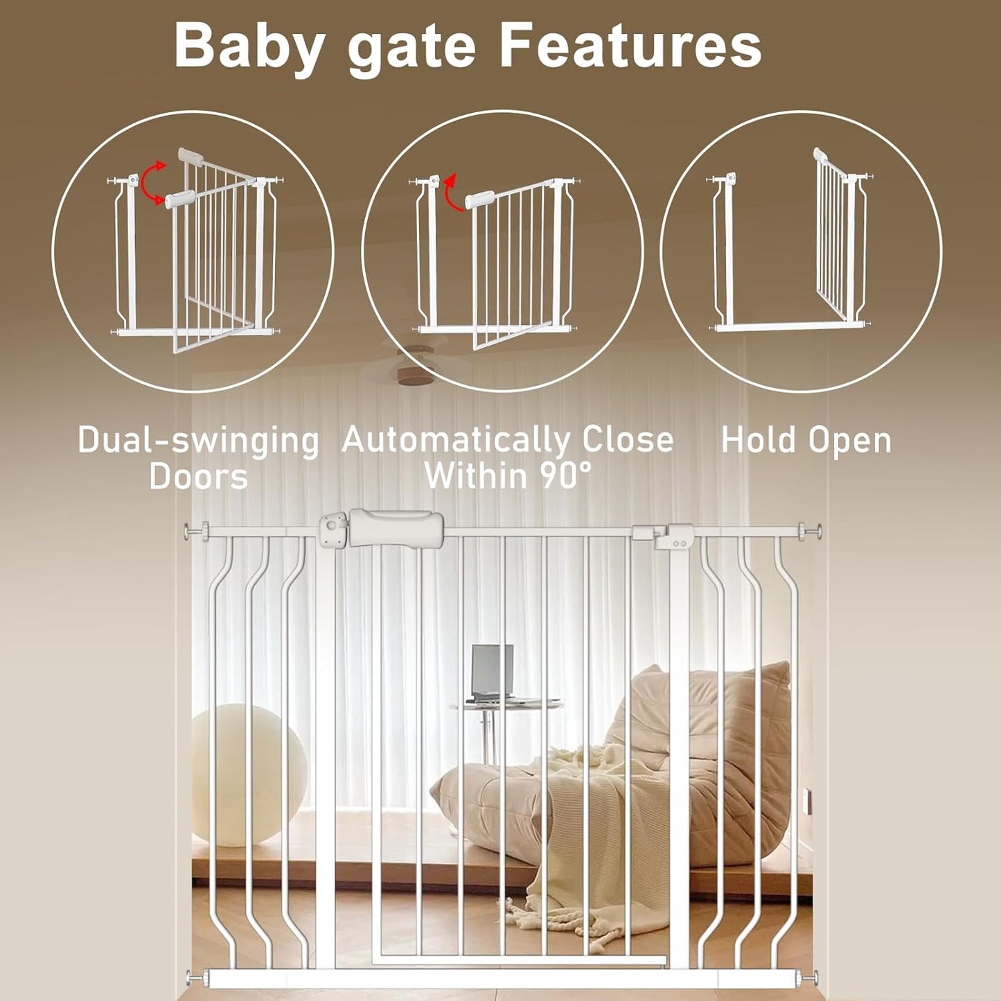 ALLAIBB Extra Wide Baby Gate Pressure Mount with Auto-Close, White Metal Safety Gate for Stairs & Doorways - Child Proof, Pet Barrier for Hallways, Kitchen, Living Room for 43.31-48.03 inch