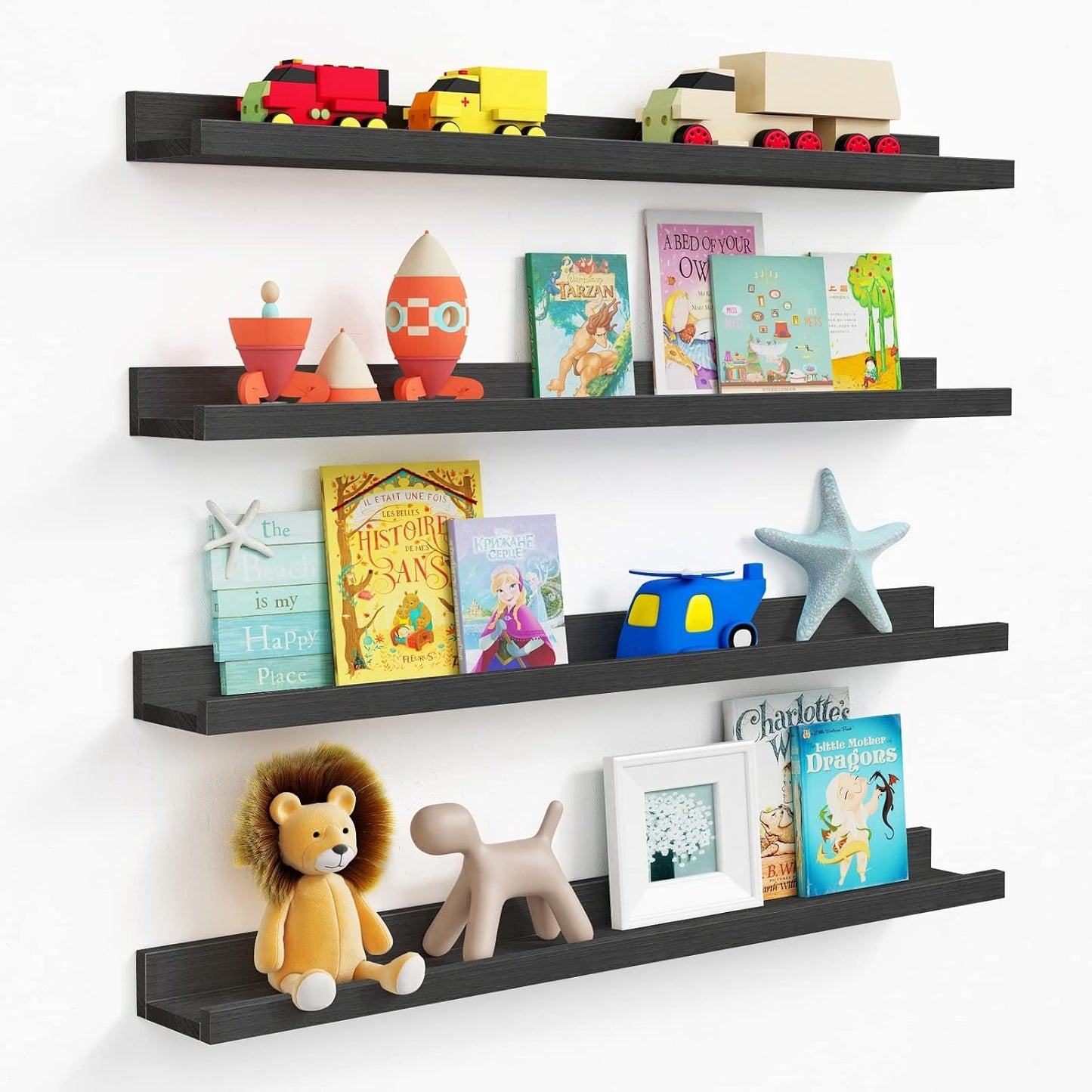 Forbena Black Photo Picture Ledge Shelf Set of 4, 36 Inch Floating Shelves with Lip for Wall, Narrow Wood Wall Shelf for Living Room Bedroom Office Album Frames Classroom Library, Conn 2 as 72 In Long