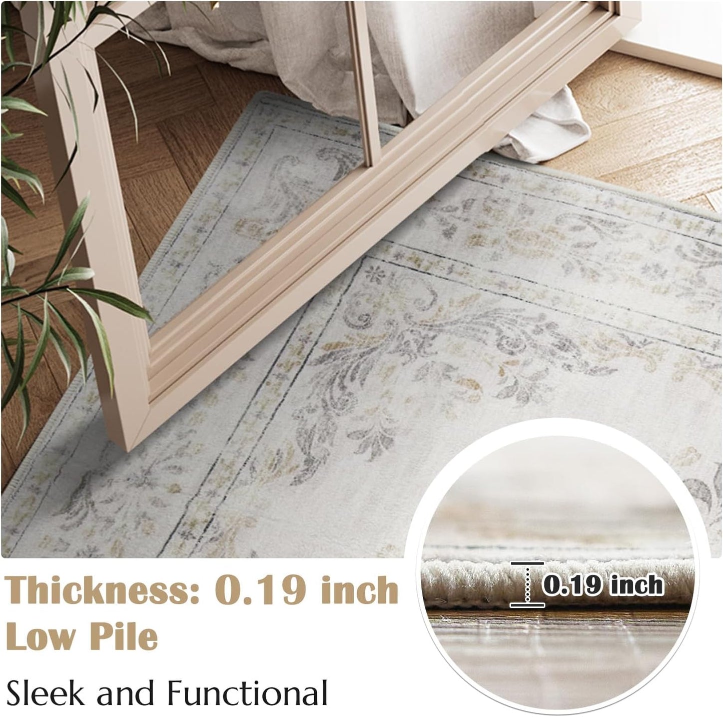 jinchan Hallway Runner Rug 2x10 Vintage Floral Distressed Design - Machine Washable Non-Slip Low-Pile Soft Thin Faux Wool Kitchen Carpet for Farmhouse Bedroom Laundry Room(2x10ft,Light Grey)