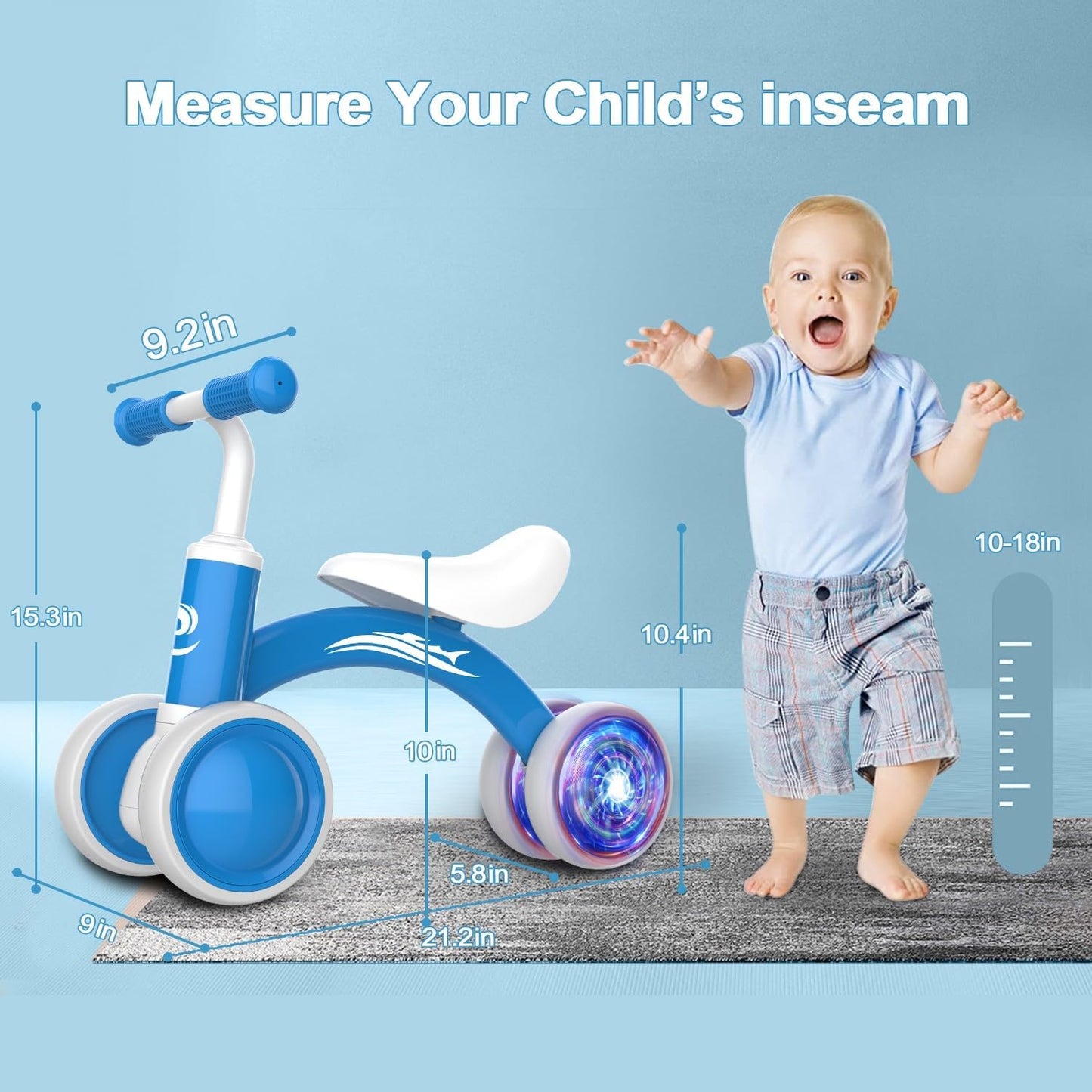 Colorful Lighting Baby Balance Bike Toys for 1 Year Old Boy Girl Gifts, 10-36 Month Toddler Balance Bike, No Pedal 4 Silence Wheels & Soft Seat First Riding on Toys, 1st Birthday Gifts