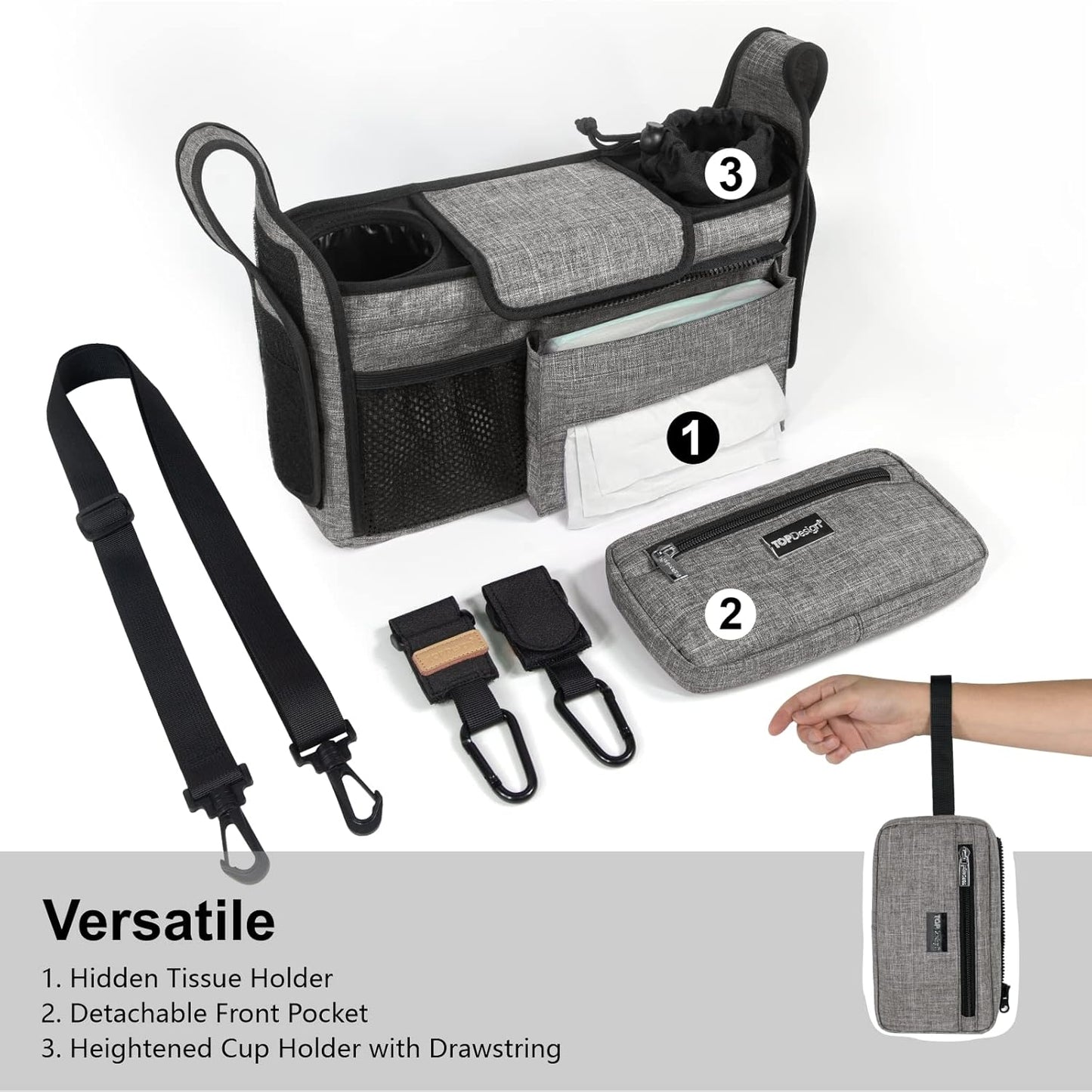 TOPDesign Universal Baby Stroller Organizer, Stroller Caddy with Heightened Insulated Cup Holders & Non-Slip Secure Hooks Accessories, Fits Most Strollers, Machine Washable (Grey)
