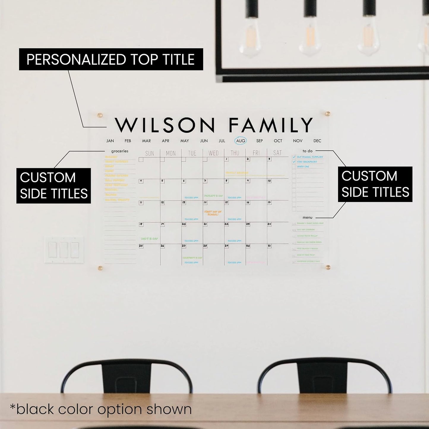Personalized Clear Acrylic Calendar for Wall, Calendar Whiteboard for Wall, Dry Erase Wall Calendar, Wall Calendar Organizer System for Home (Block, Jade, 38"W x 26"H)